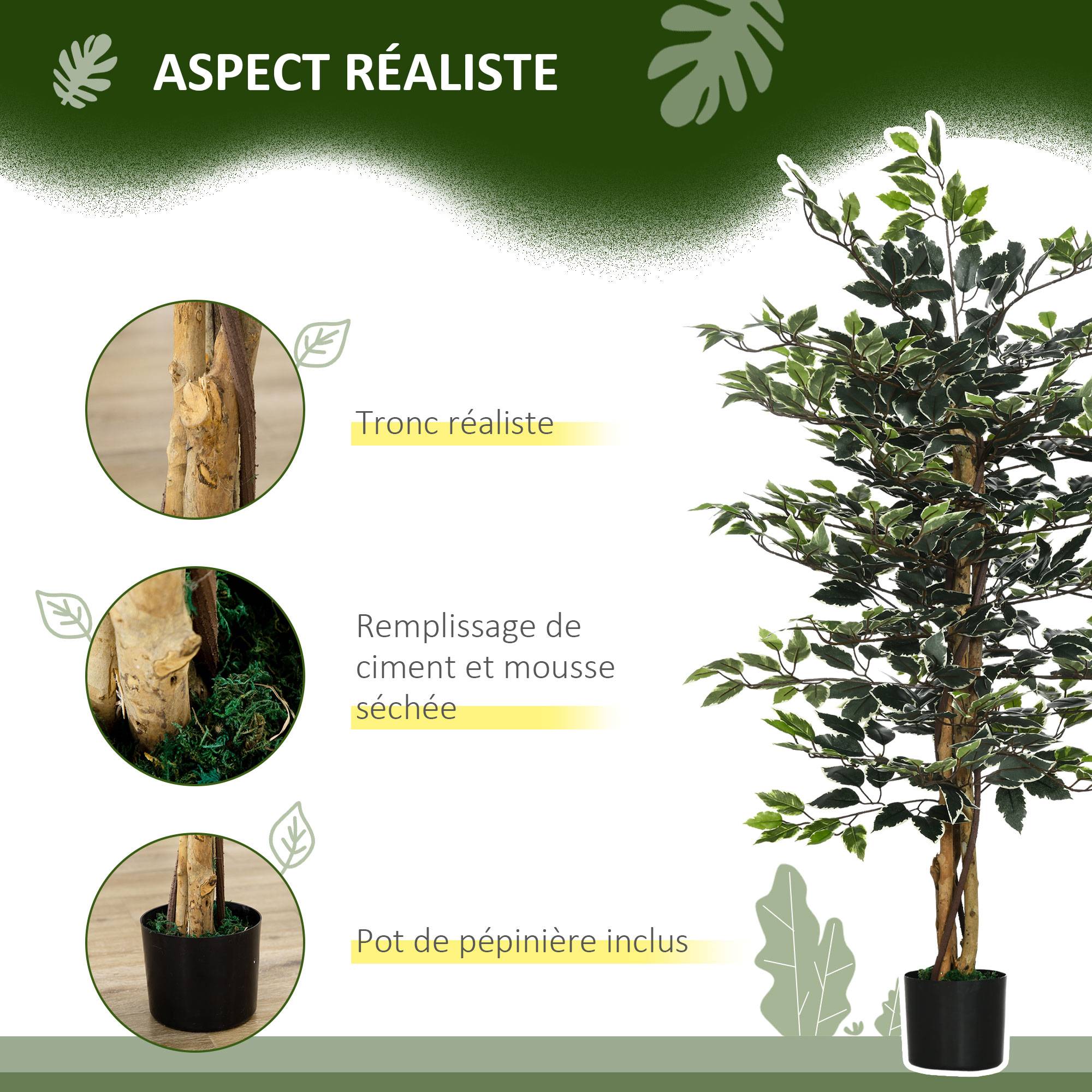 Plante artificielle ficus tronc branches liane lichen feuilles grand réalisme pot inclus hauteur 1,3 m - Image 7