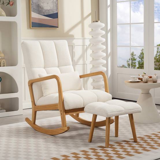 Sans Marque - Fauteuil à bascule avec repose-pieds, rocking chair en tissu bouclette, pieds en bois, 64,5 x 82 x 89 cm, blanc - Image 4