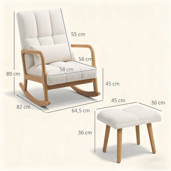 Sans Marque - Fauteuil à bascule avec repose-pieds, rocking chair en tissu bouclette, pieds en bois, 64,5 x 82 x 89 cm, blanc - Image 5