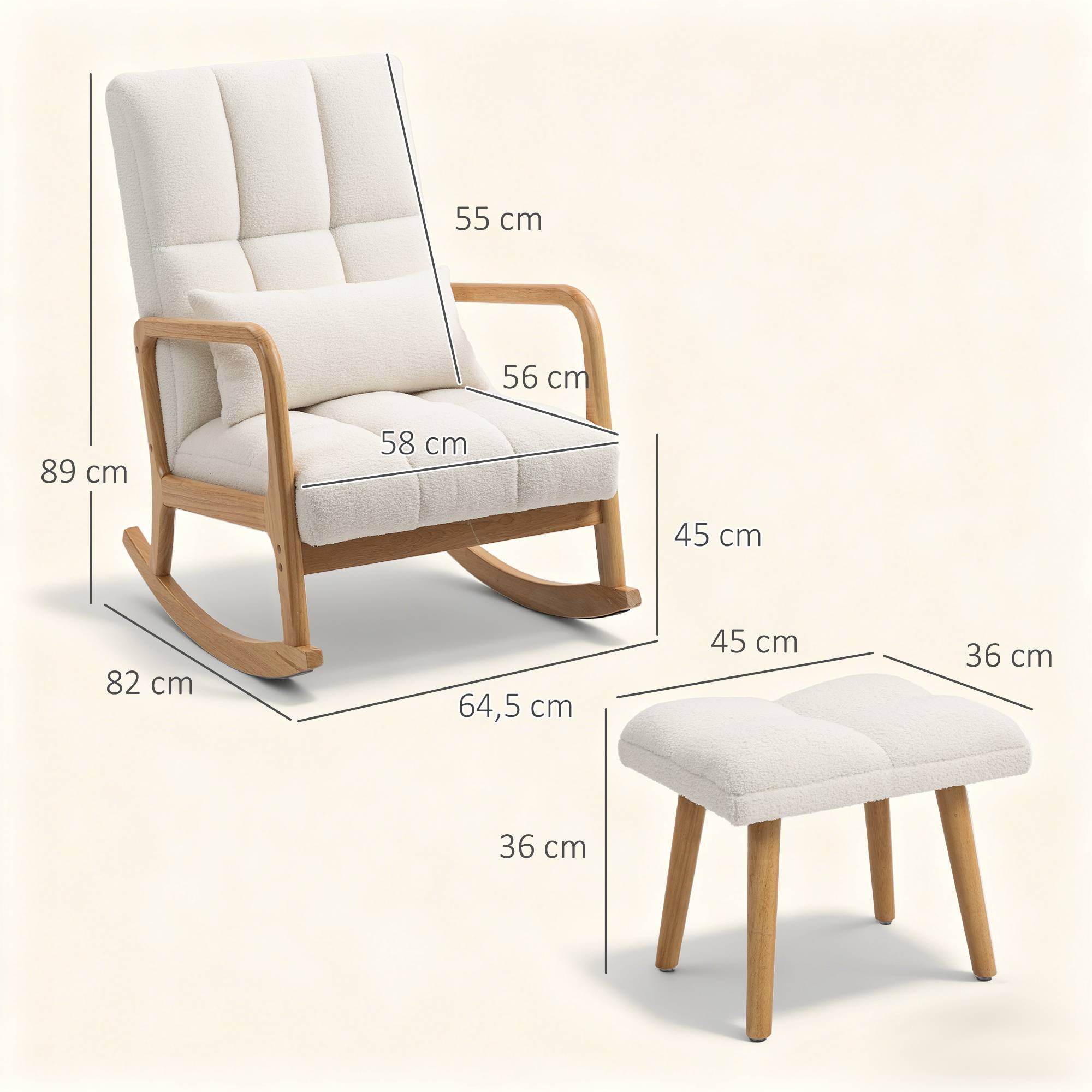 Sans Marque - Fauteuil à bascule avec repose-pieds, rocking chair en tissu bouclette, pieds en bois, 64,5 x 82 x 89 cm, blanc - Image 5