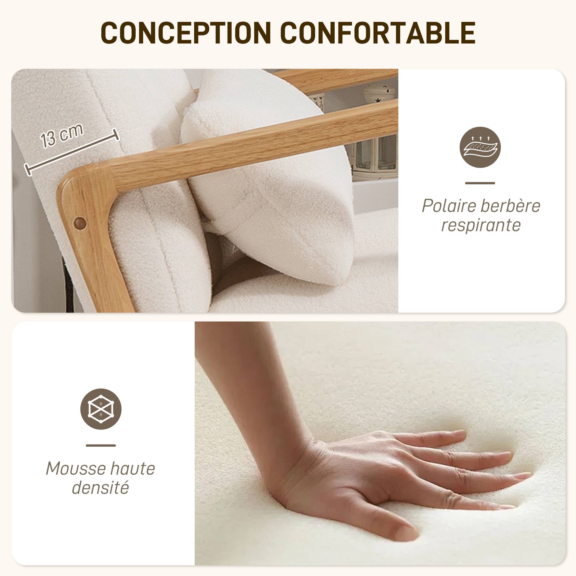 Sans Marque - Fauteuil à bascule avec repose-pieds, rocking chair en tissu bouclette, pieds en bois, 64,5 x 82 x 89 cm, blanc - Image 7