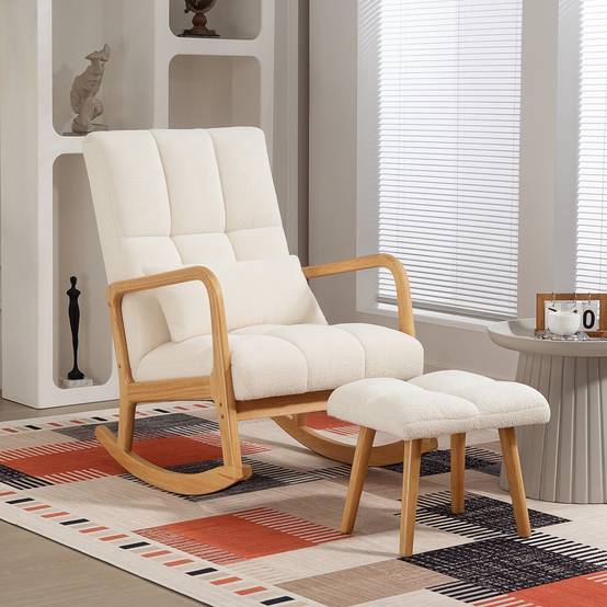 Sans Marque - Fauteuil à bascule avec repose-pieds, rocking chair en tissu bouclette, pieds en bois, 64,5 x 82 x 89 cm, blanc - Image 10