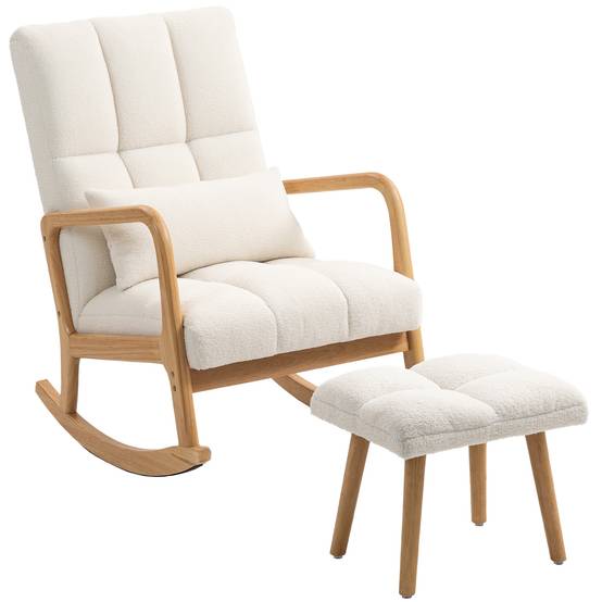 Sans Marque - Fauteuil à bascule avec repose-pieds, rocking chair en tissu bouclette, pieds en bois, 64,5 x 82 x 89 cm, blanc - Image 1