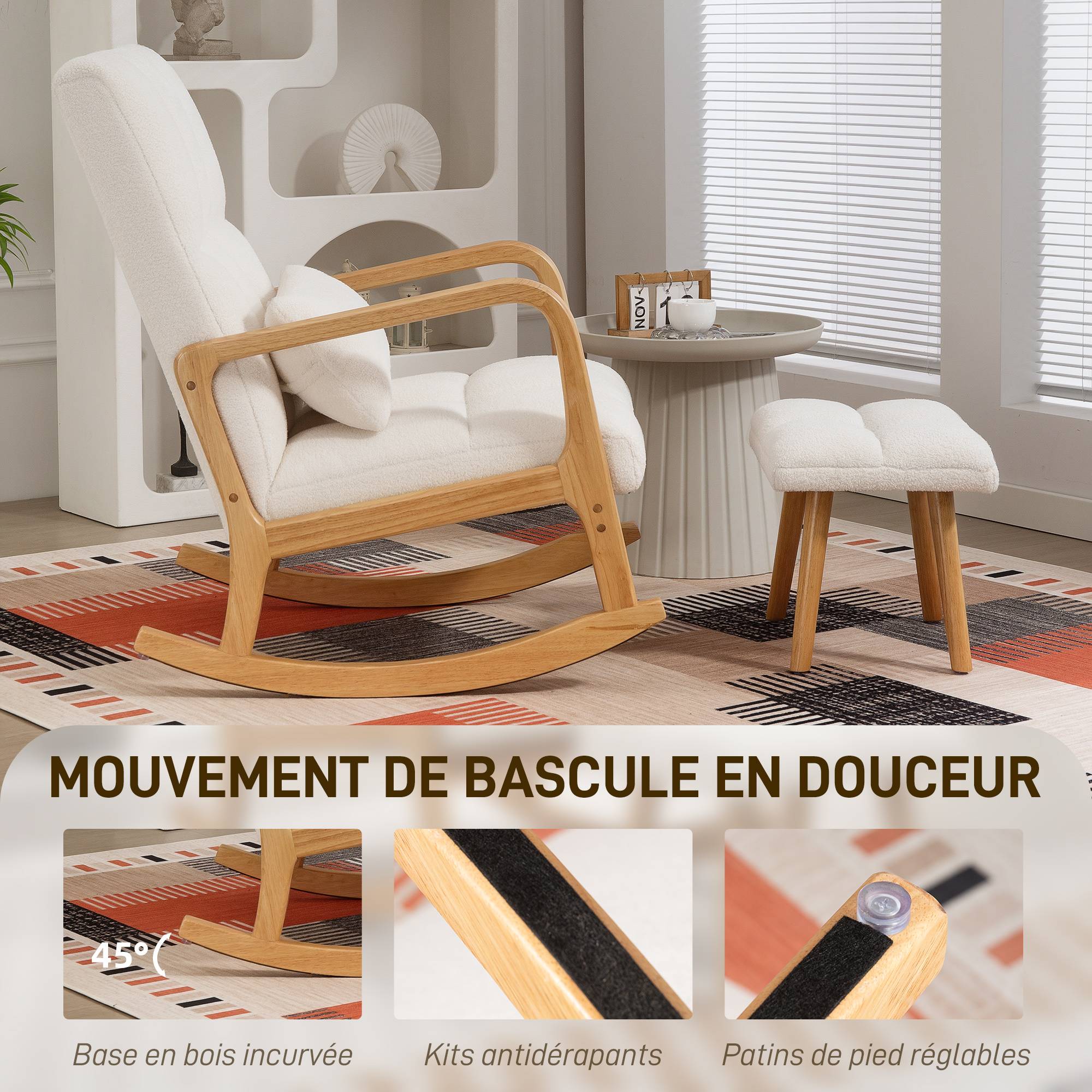 Sans Marque - Fauteuil à bascule avec repose-pieds, rocking chair en tissu bouclette, pieds en bois, 64,5 x 82 x 89 cm, blanc - Image 6