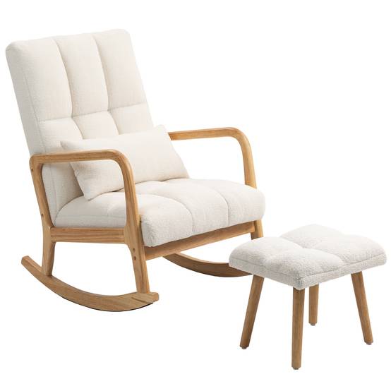 Sans Marque - Fauteuil à bascule avec repose-pieds, rocking chair en tissu bouclette, pieds en bois, 64,5 x 82 x 89 cm, blanc - Image 2