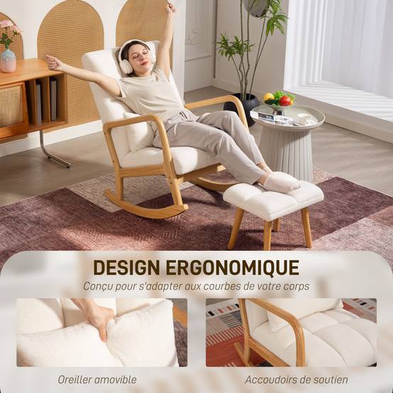 Sans Marque - Fauteuil à bascule avec repose-pieds, rocking chair en tissu bouclette, pieds en bois, 64,5 x 82 x 89 cm, blanc - Image 8