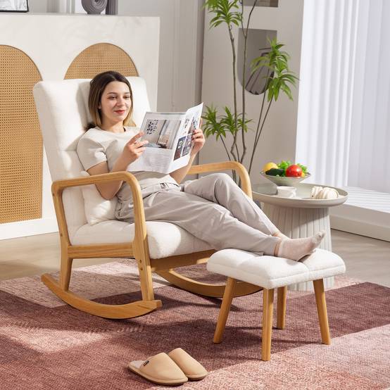 Sans Marque - Fauteuil à bascule avec repose-pieds, rocking chair en tissu bouclette, pieds en bois, 64,5 x 82 x 89 cm, blanc - Image 3