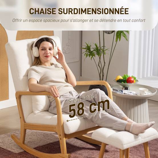 Sans Marque - Fauteuil à bascule avec repose-pieds, rocking chair en tissu bouclette, pieds en bois, 64,5 x 82 x 89 cm, blanc - Image 9