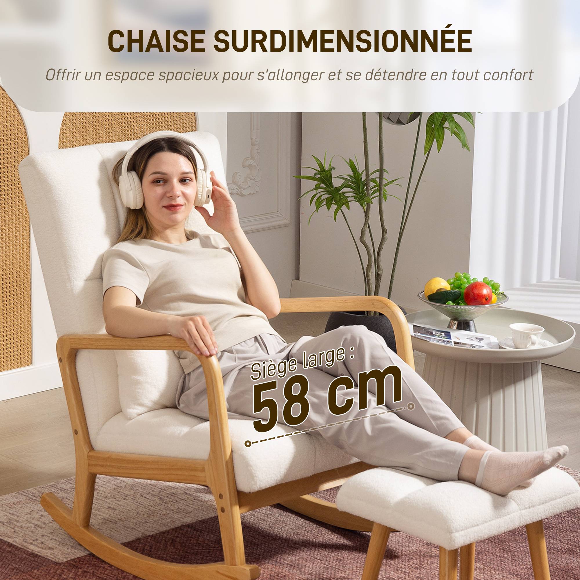 Sans Marque - Fauteuil à bascule avec repose-pieds, rocking chair en tissu bouclette, pieds en bois, 64,5 x 82 x 89 cm, blanc - Image 9