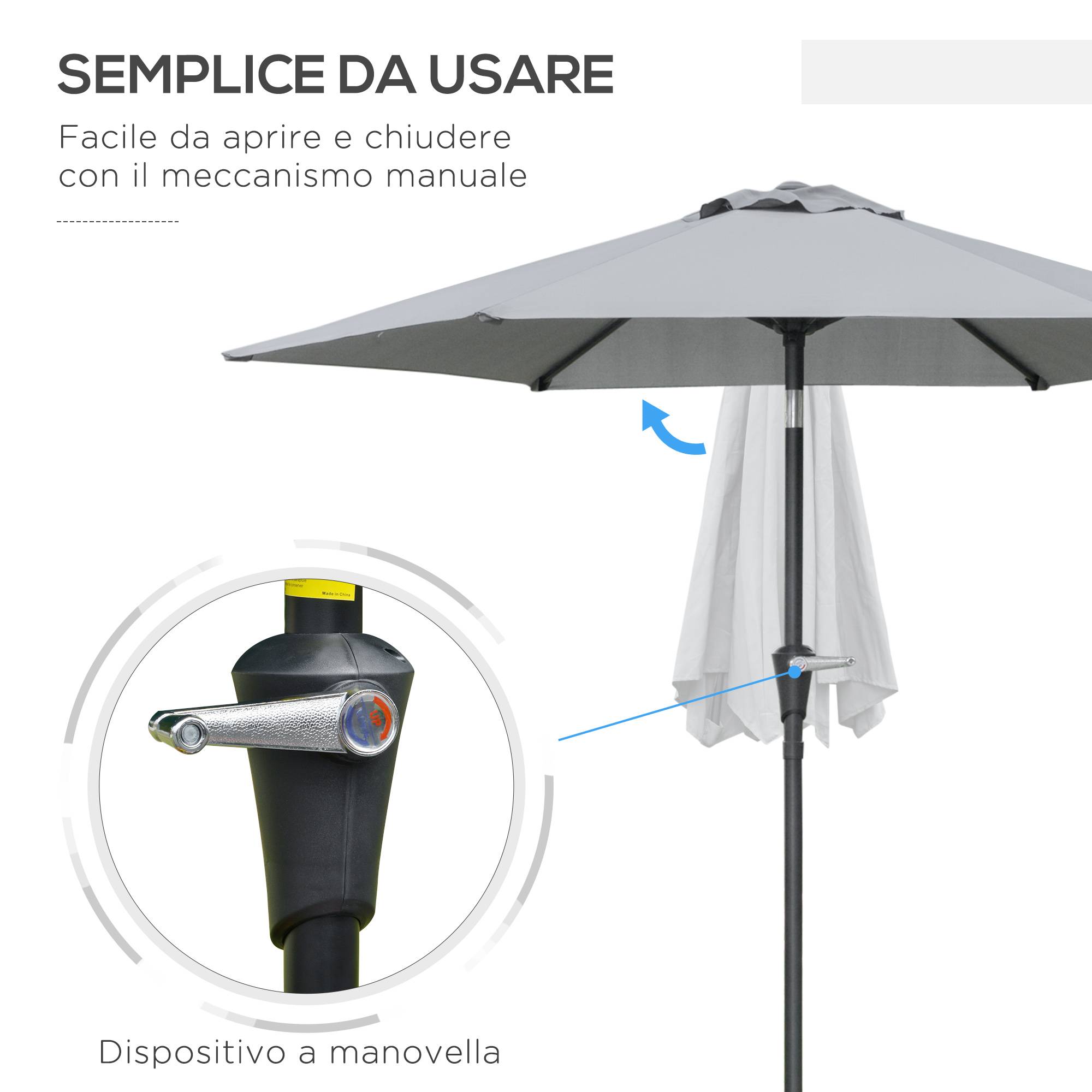 Parasol inclinable extérieur métal pour jardin et patio ouverture manivelle Ø230 cm gris - ComfortXL Outdoor Living - Image 6