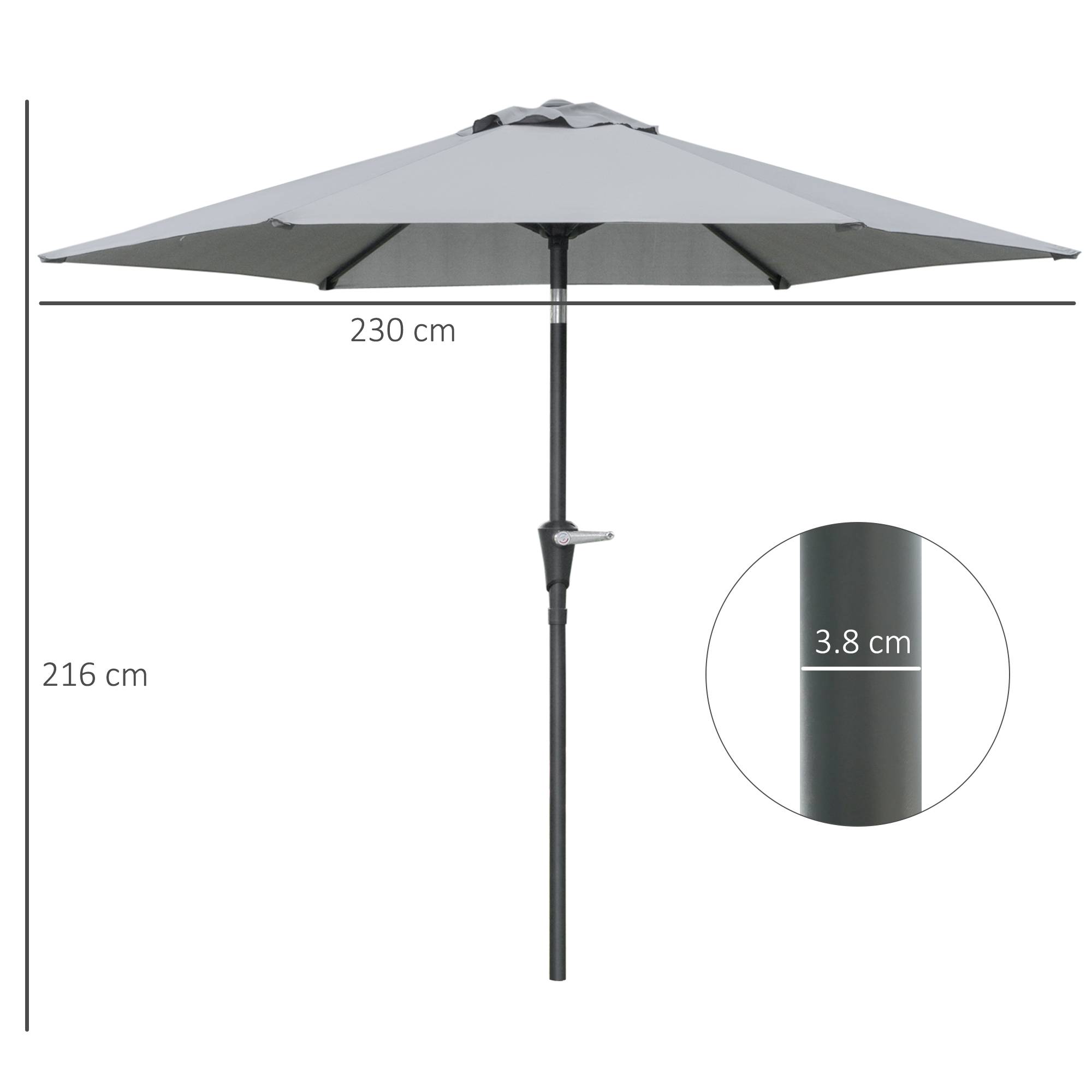 Parasol inclinable extérieur métal pour jardin et patio ouverture manivelle Ø230 cm gris - ComfortXL Outdoor Living - Image 5