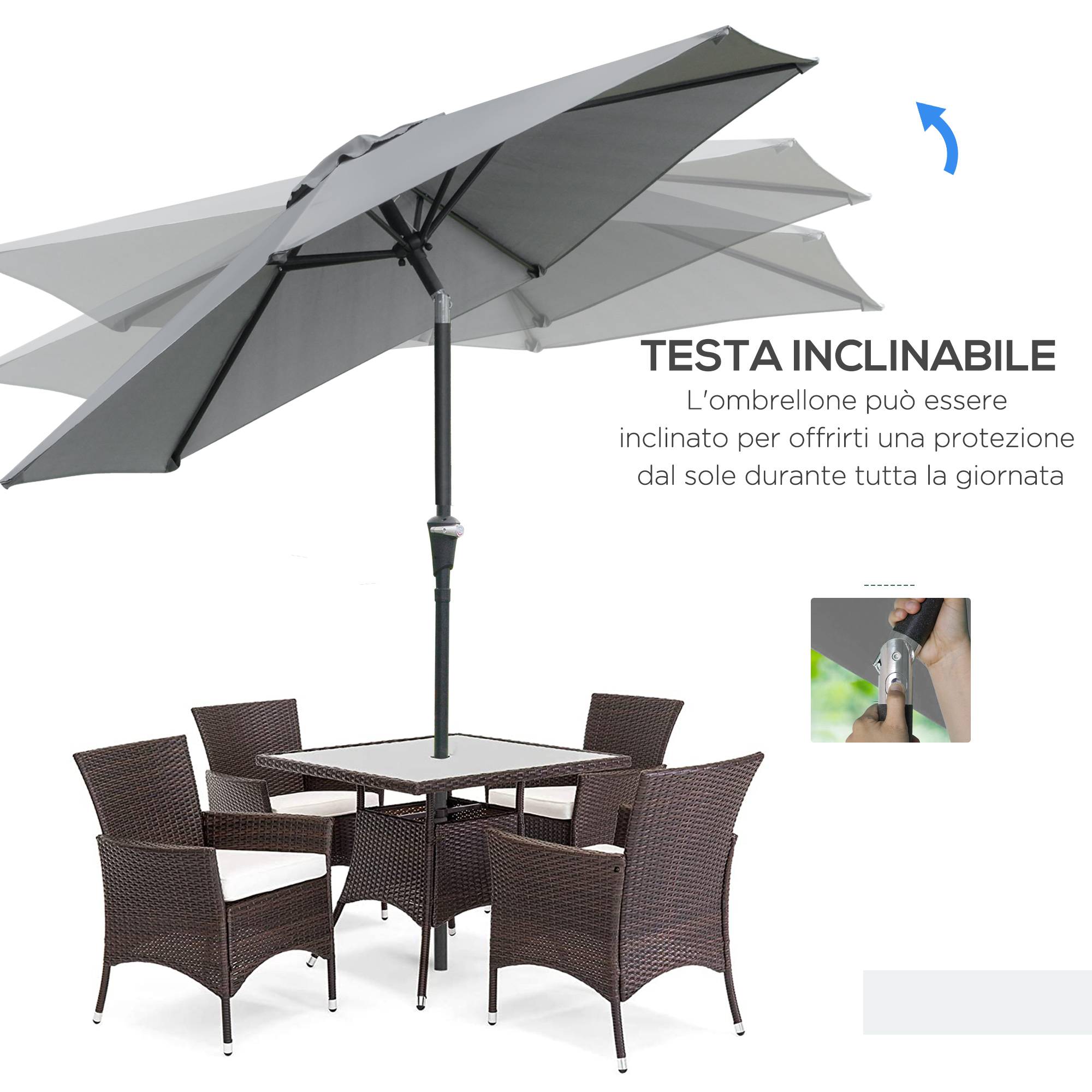 Parasol inclinable extérieur métal pour jardin et patio ouverture manivelle Ø230 cm gris - ComfortXL Outdoor Living - Image 7