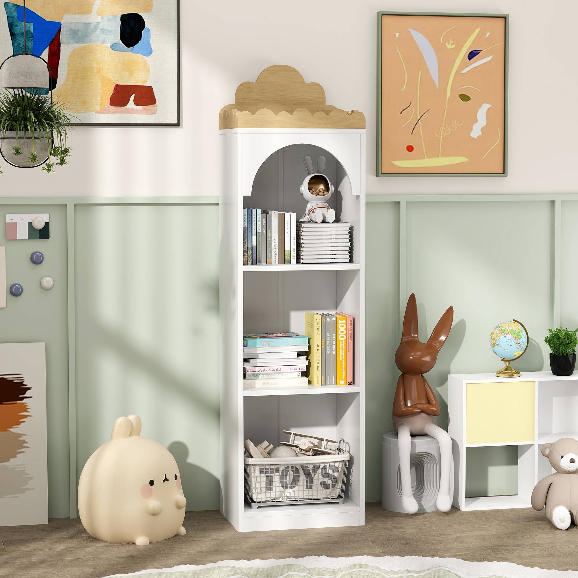 Bibliothèque enfant à 3 niveaux, idéale pour la chambre d'enfant, blanche et naturelle. - Image 4