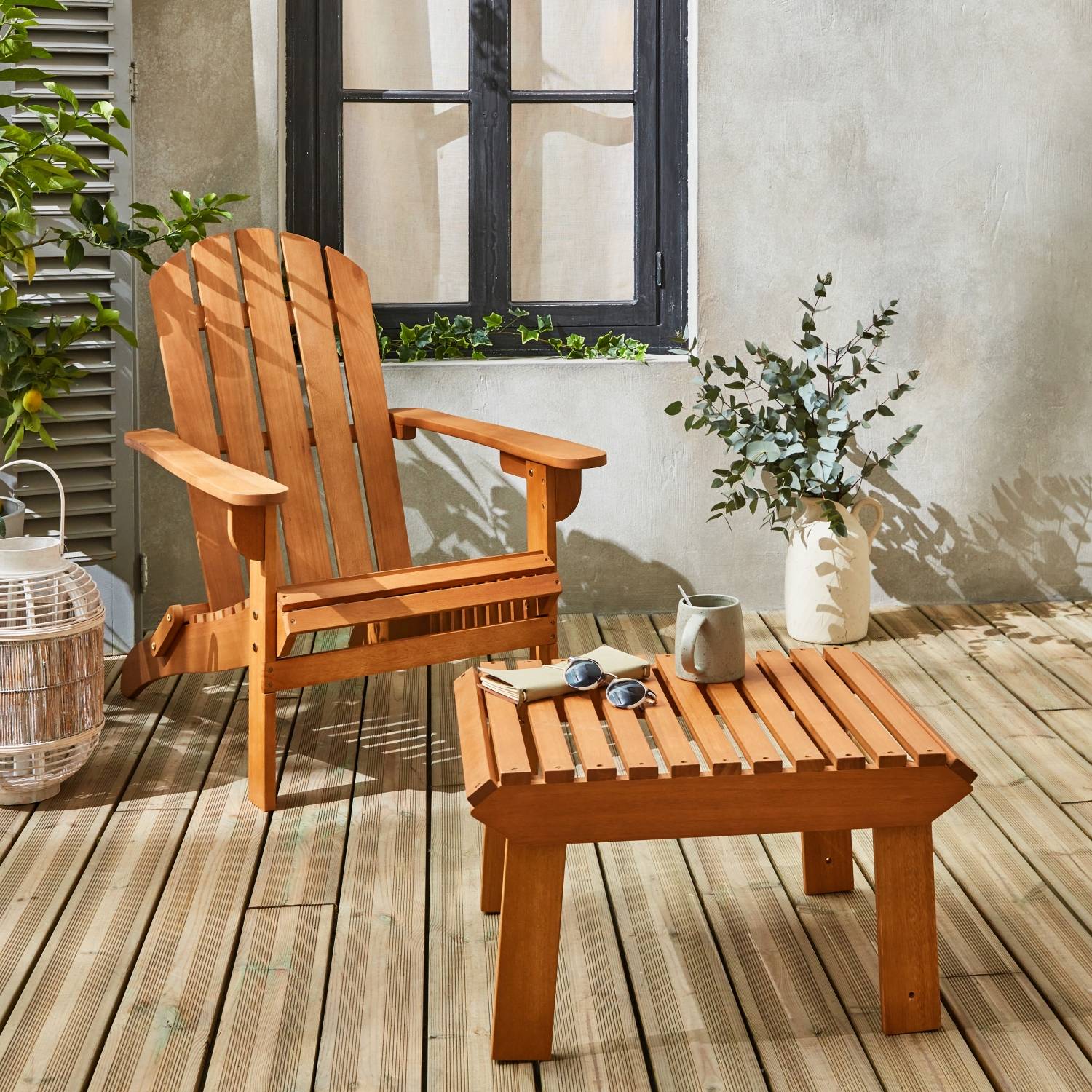 sweeek - Fauteuil de jardin en bois avec repose-pieds/table basse - Adirondack Salamanca - Eucalyptus. chaise de terrasse retro | sweeek - Image 1