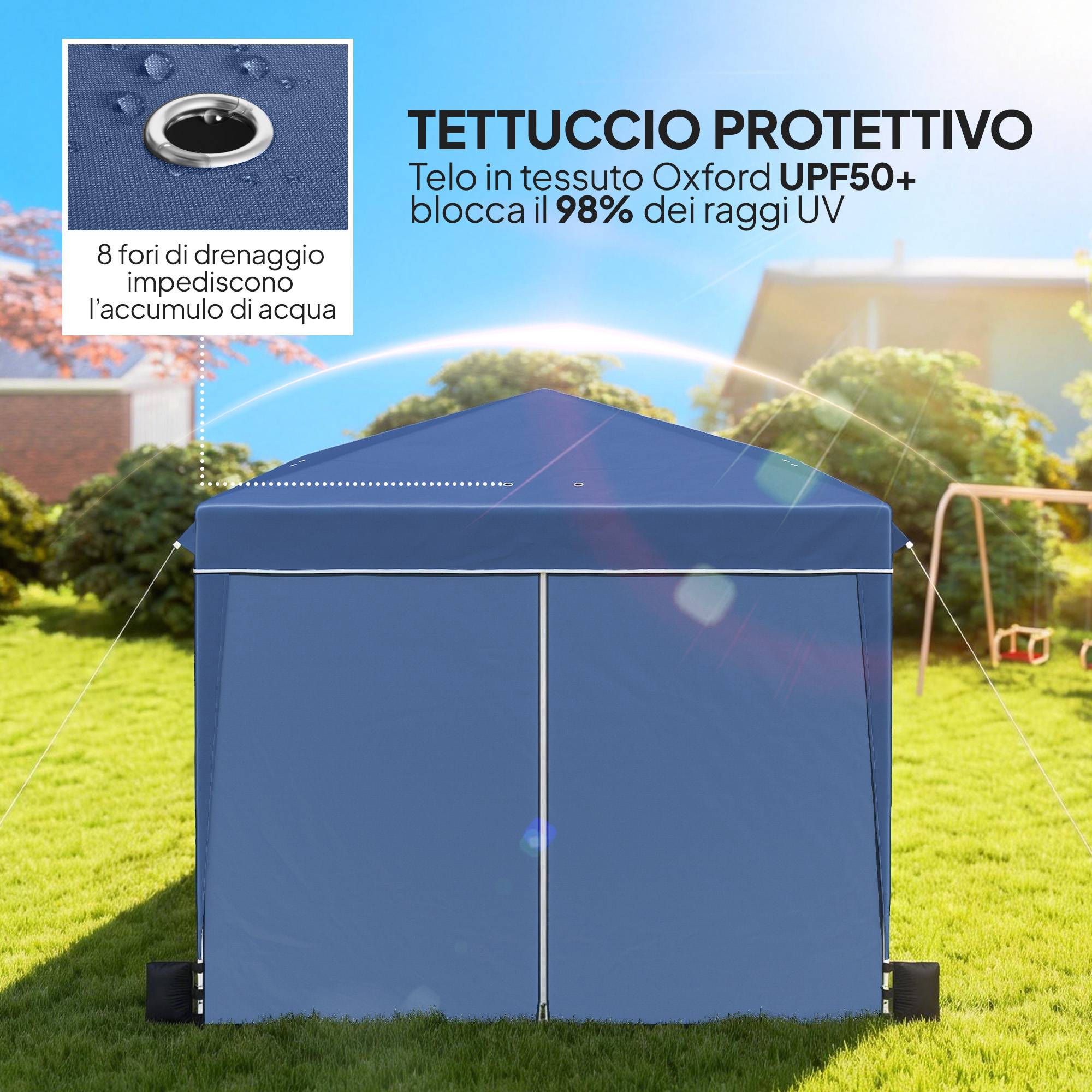 Gazebo pliant 3x3 m avec parois et hauteur réglable UV50+ bleu foncé, tente de jardin abri extérieur - Image 6