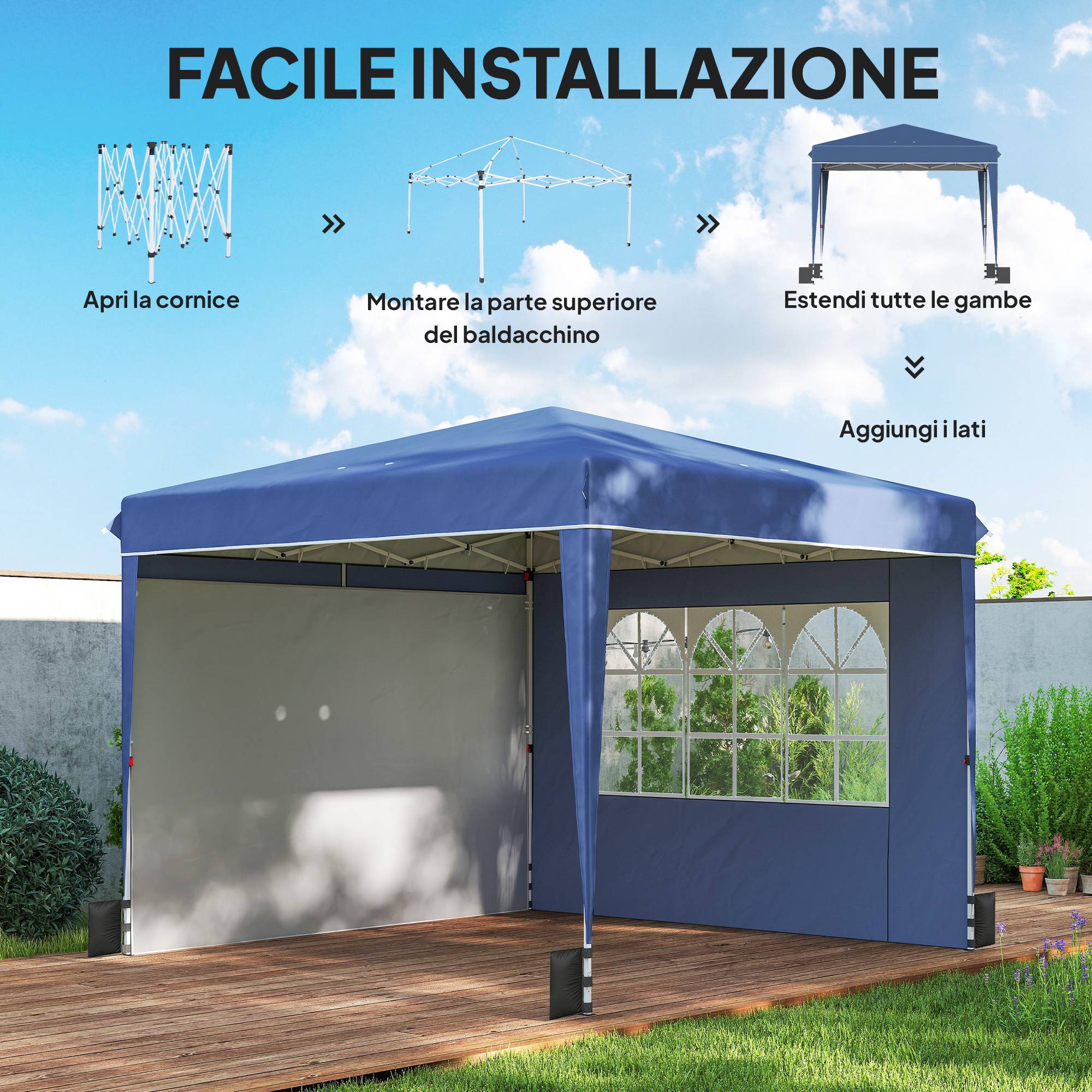 Gazebo pliant 3x3 m avec parois et hauteur réglable UV50+ bleu foncé, tente de jardin abri extérieur - Image 9