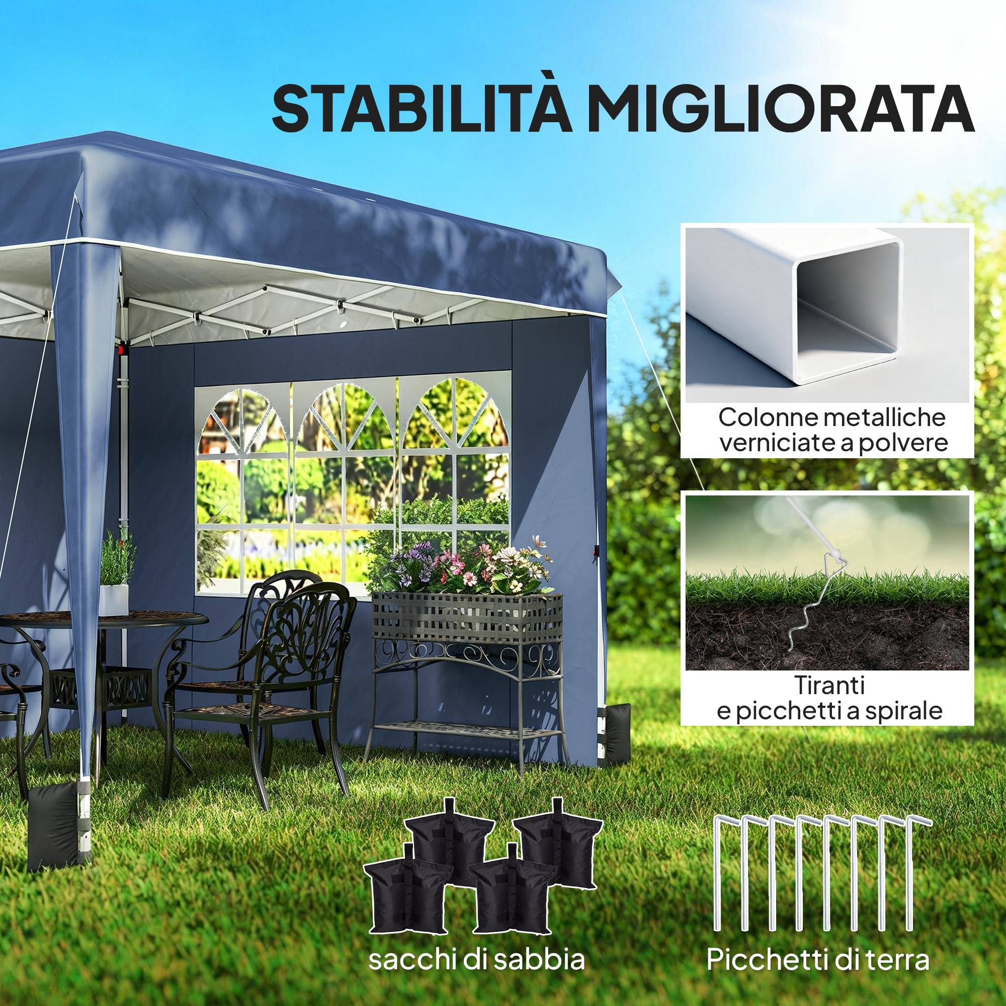 Gazebo pliant 3x3 m avec parois et hauteur réglable UV50+ bleu foncé, tente de jardin abri extérieur - Image 8