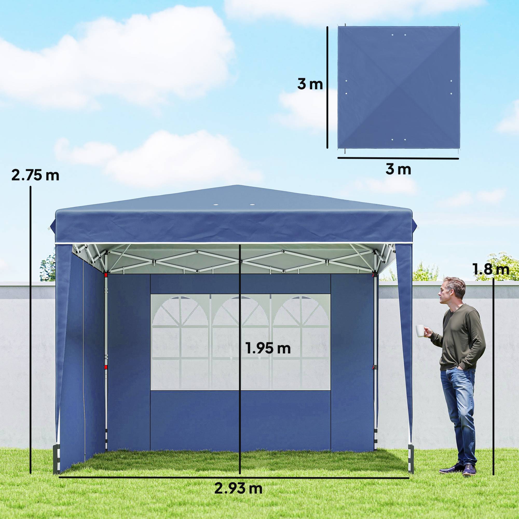 Gazebo pliant 3x3 m avec parois et hauteur réglable UV50+ bleu foncé, tente de jardin abri extérieur - Image 5