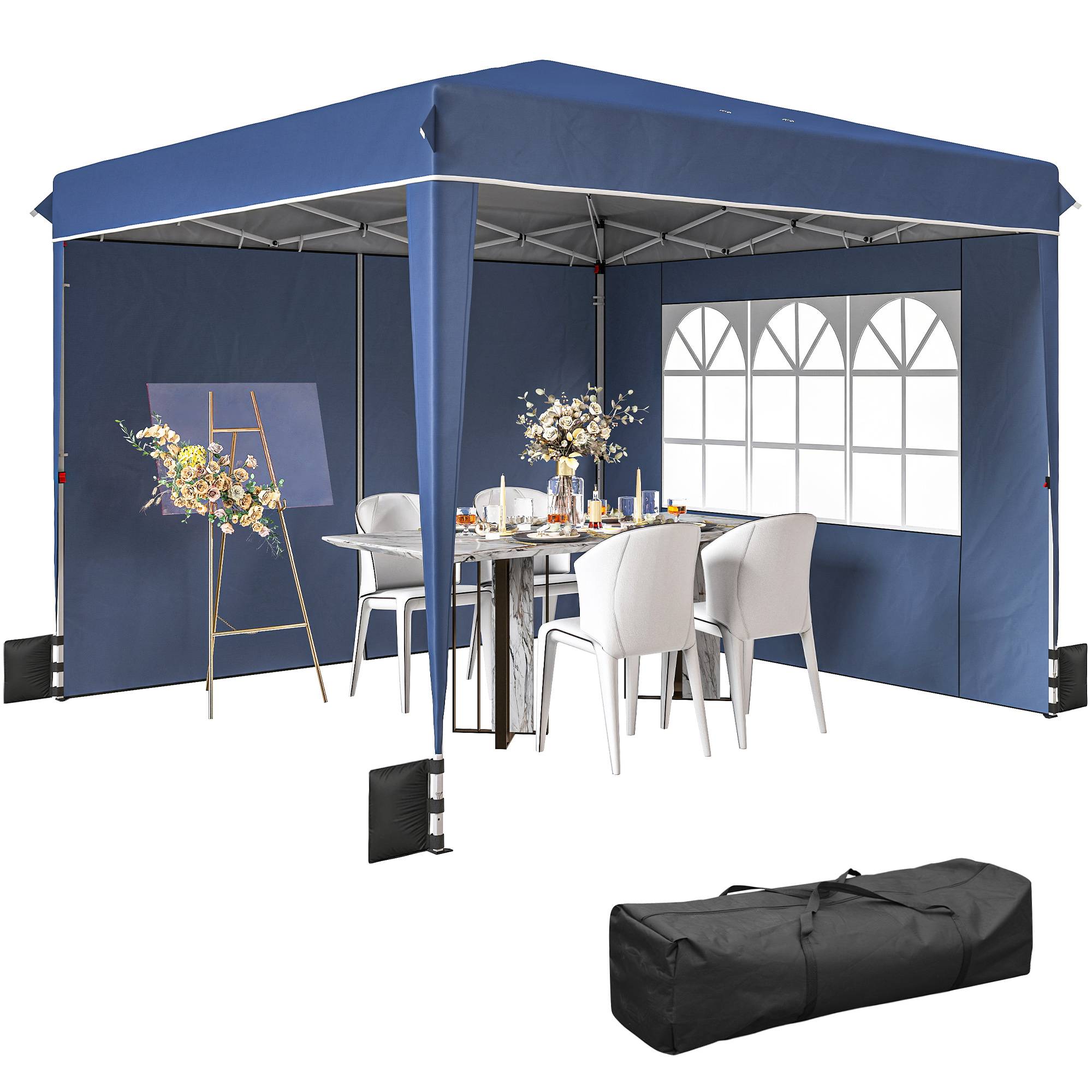 Gazebo pliant 3x3 m avec parois et hauteur réglable UV50+ bleu foncé, tente de jardin abri extérieur - Image 2