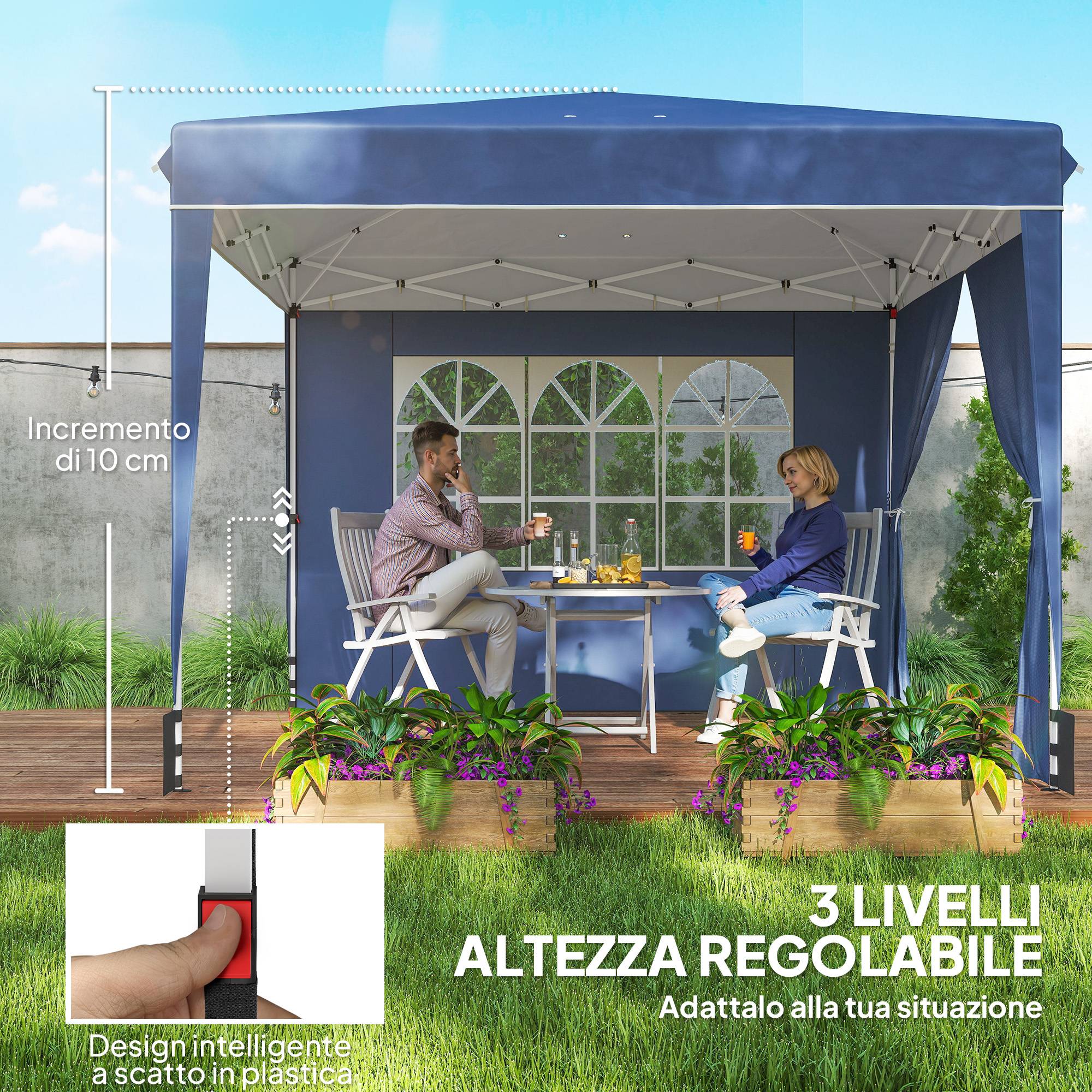 Gazebo pliant 3x3 m avec parois et hauteur réglable UV50+ bleu foncé, tente de jardin abri extérieur - Image 10