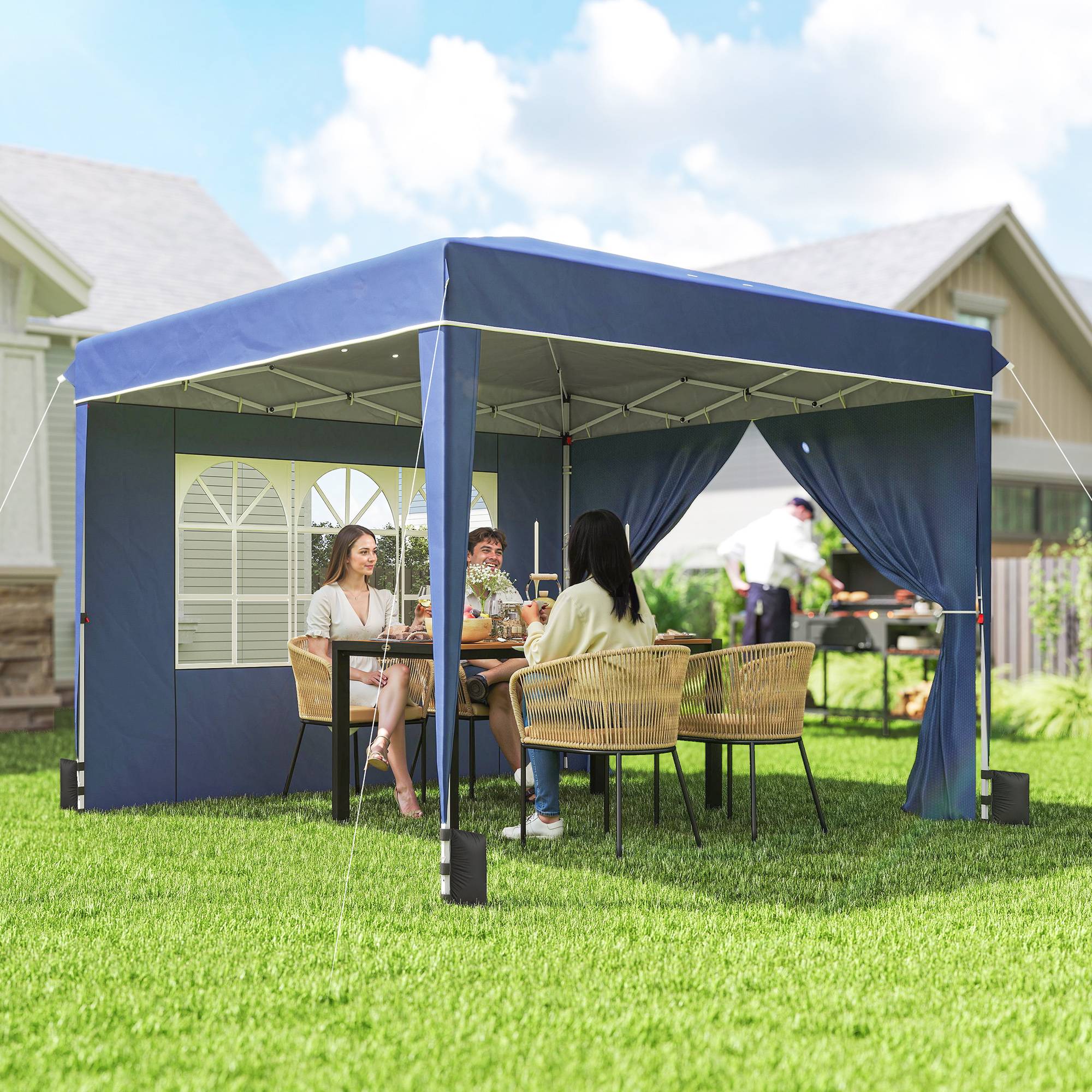 Gazebo pliant 3x3 m avec parois et hauteur réglable UV50+ bleu foncé, tente de jardin abri extérieur - Image 3