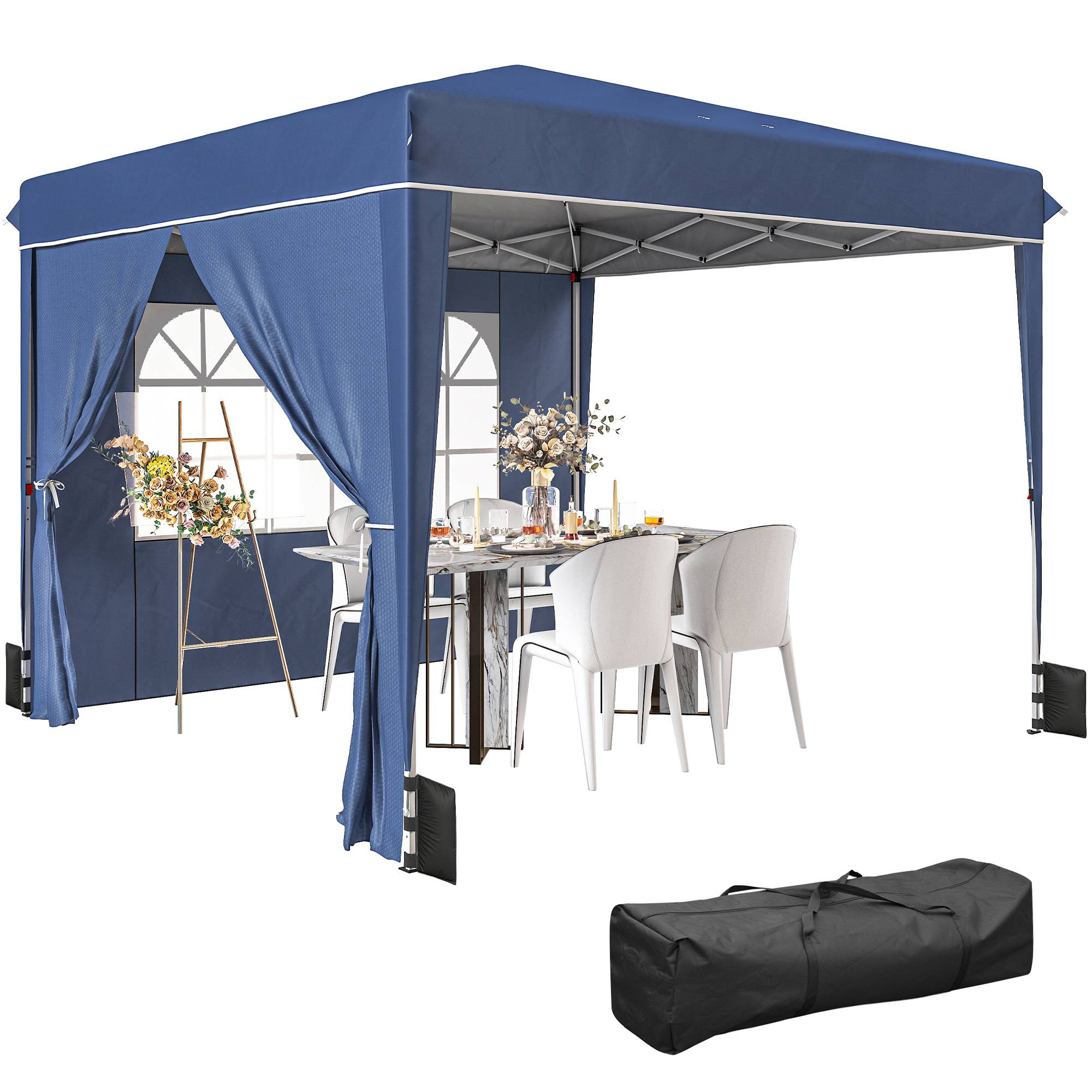 Gazebo pliant 3x3 m avec parois et hauteur réglable UV50+ bleu foncé, tente de jardin abri extérieur - Image 1