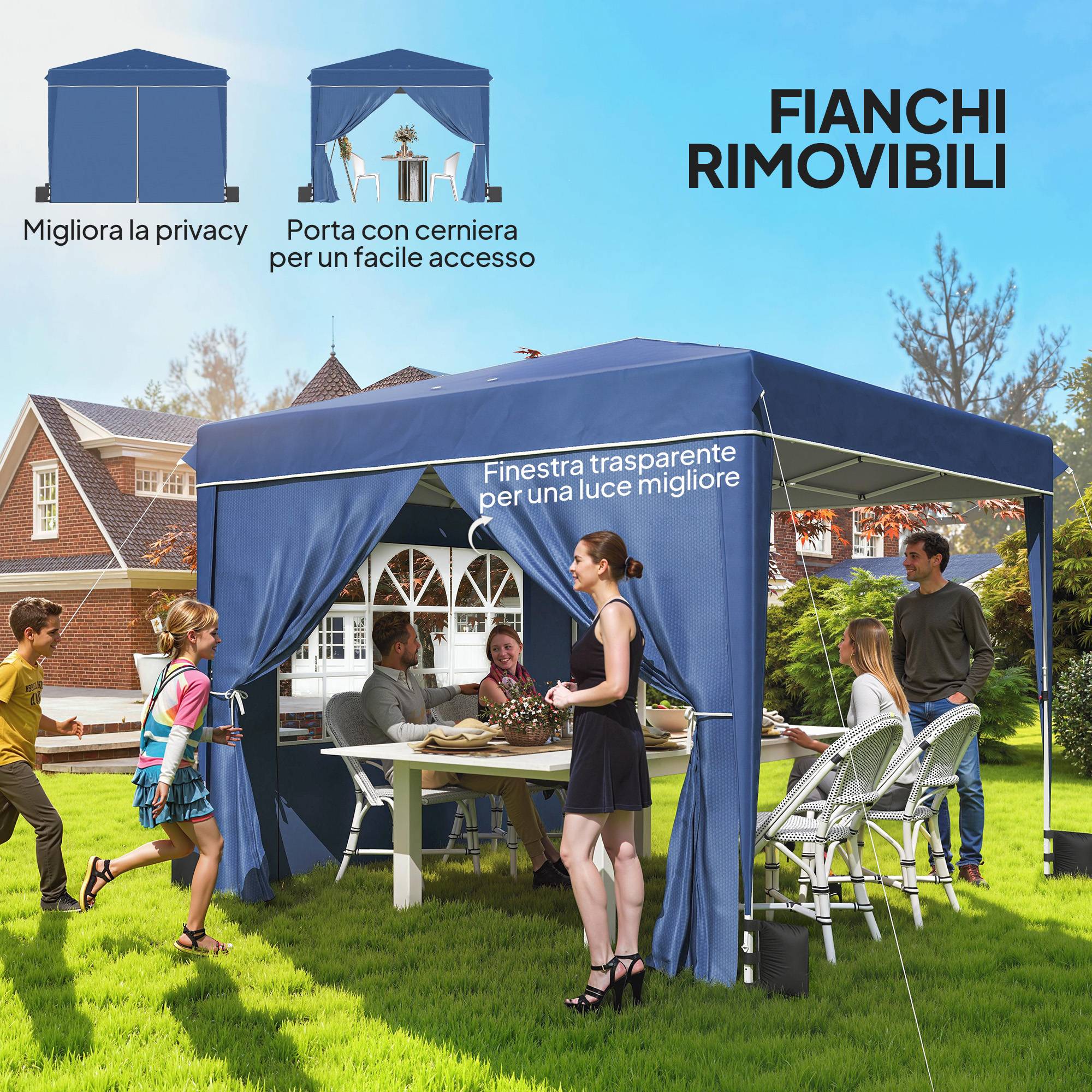 Gazebo pliant 3x3 m avec parois et hauteur réglable UV50+ bleu foncé, tente de jardin abri extérieur - Image 7