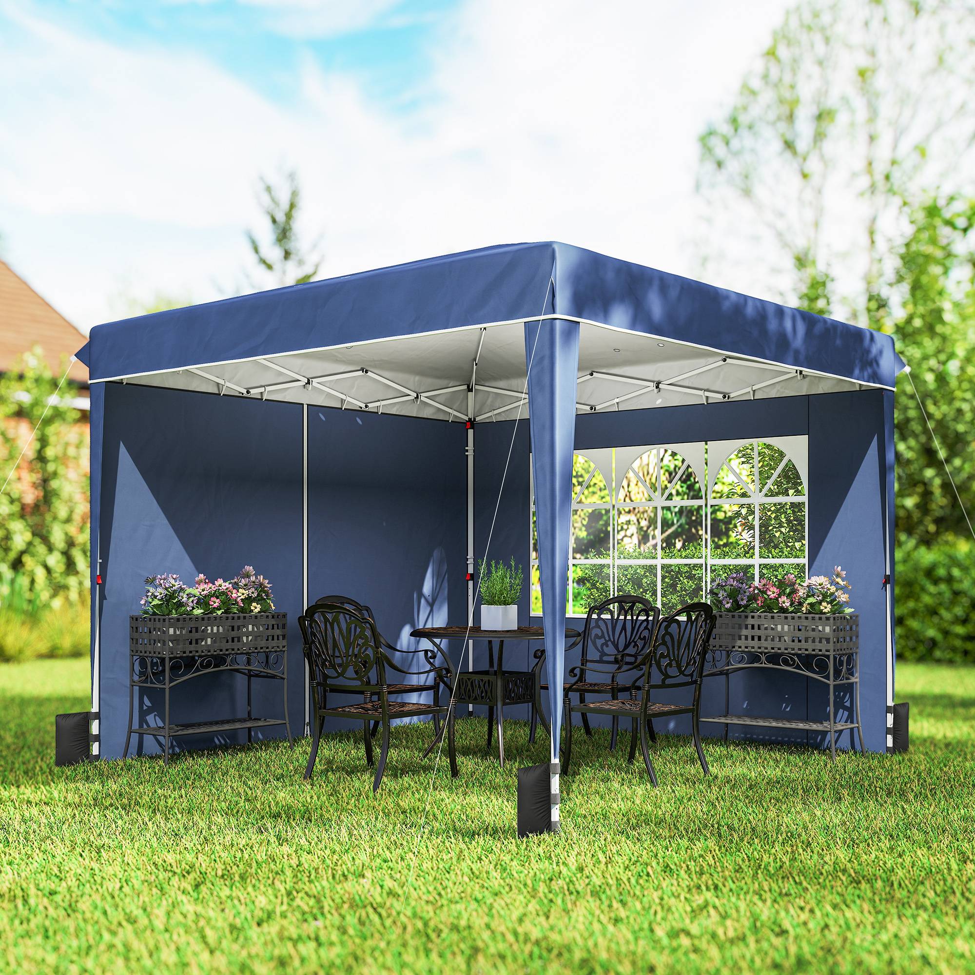 Gazebo pliant 3x3 m avec parois et hauteur réglable UV50+ bleu foncé, tente de jardin abri extérieur - Image 4