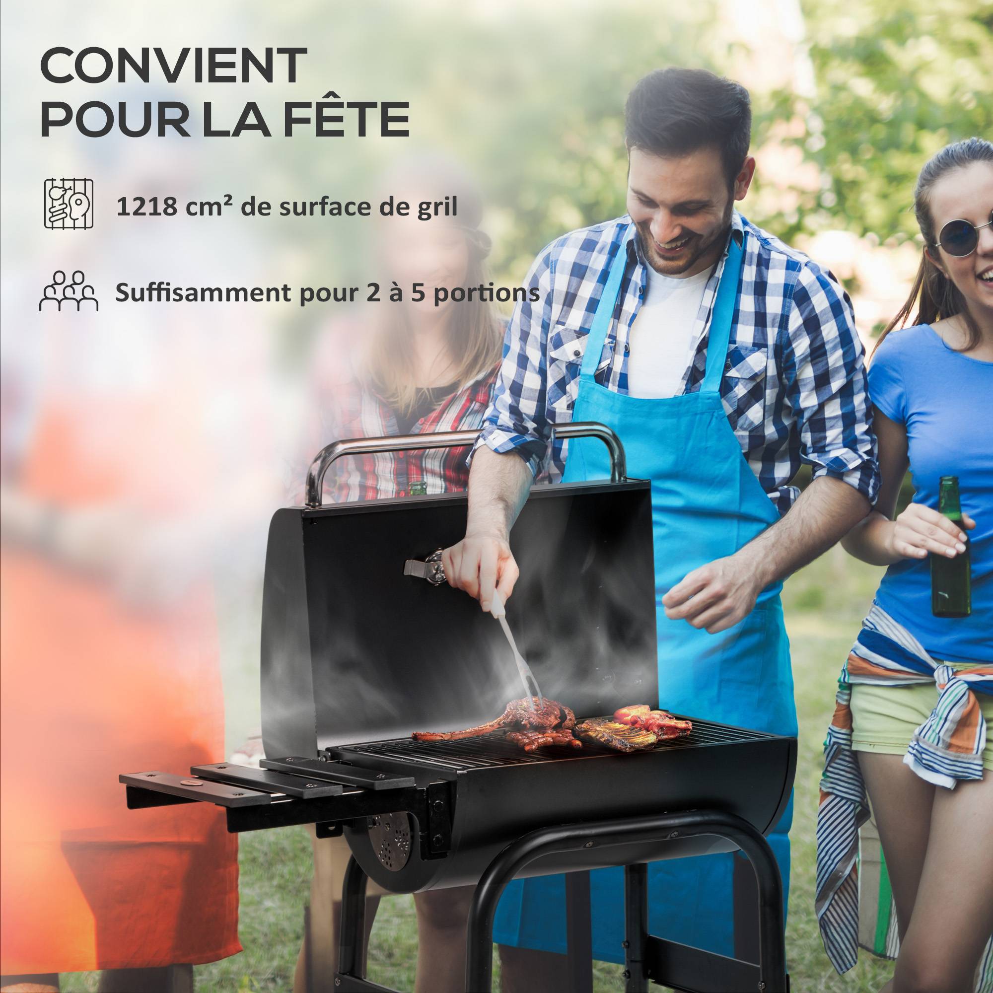 Barbecue au charbon de bois chariot de BBQ, avec étagères, roulettes, couvercle, thermomètre, cheminée, en métal noir - Image 6