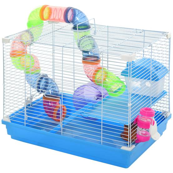 Cage Hamster Portable 46 x 30 x 37 cm avec Tubes, Roue, Biberon, Mangeoire et Rampe, Usage Intérieur/Extérieur, Bleu/Blanc - Image 2
