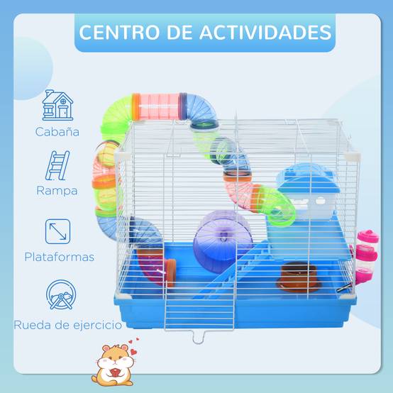 Cage Hamster Portable 46 x 30 x 37 cm avec Tubes, Roue, Biberon, Mangeoire et Rampe, Usage Intérieur/Extérieur, Bleu/Blanc - Image 6