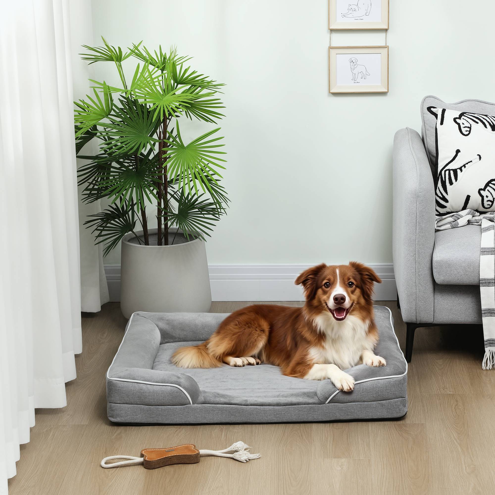 Sans Marque - Cama Perros Medianos Gatos Base Antideslizante Funda Extraíble Lavable 91,5x68,5x16,5 cm Gris - Image 4