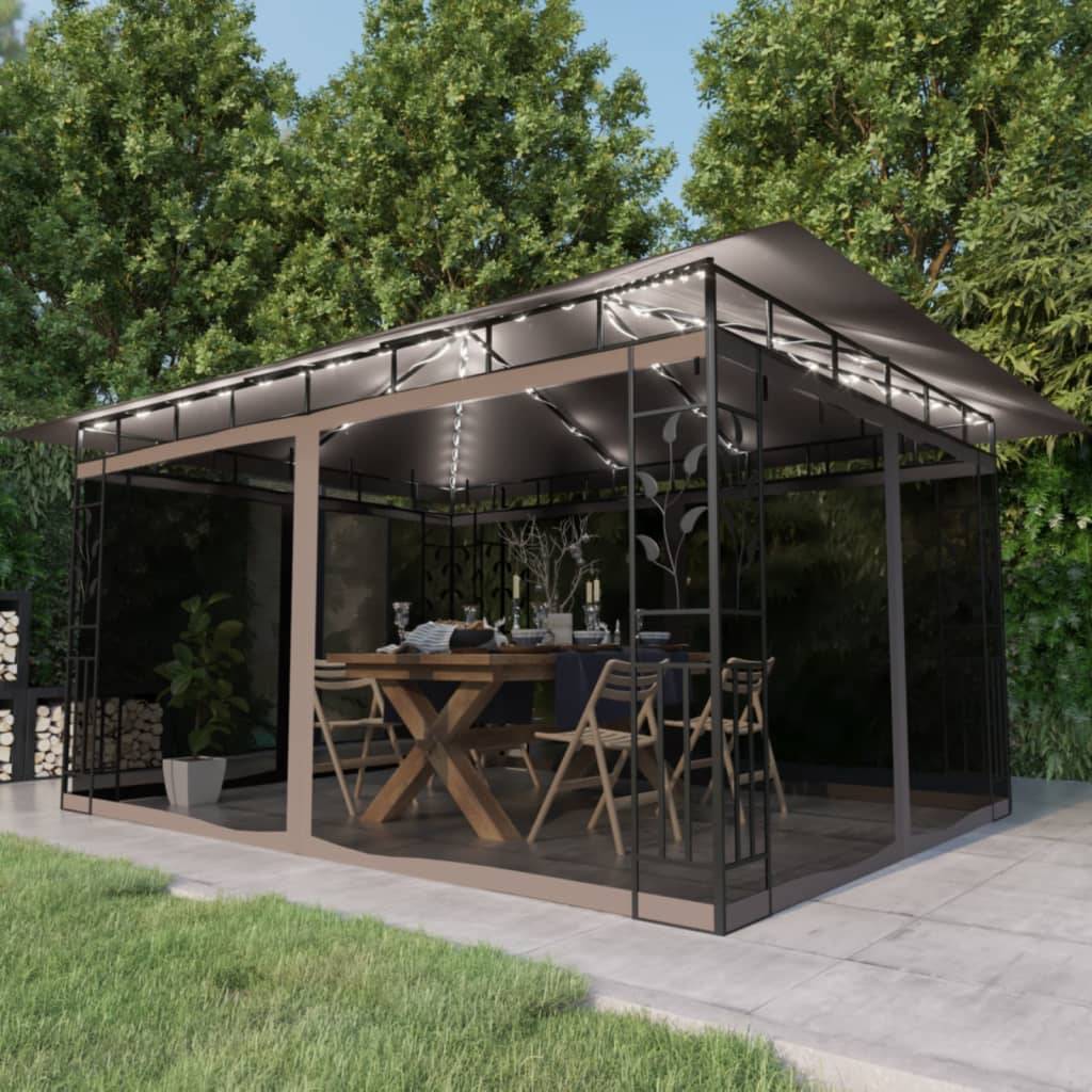 Tonnelle Aluminium Taupe avec Moustiquaire et LED 4 x 3 x 2.73 m - PANGIVO - Image 1