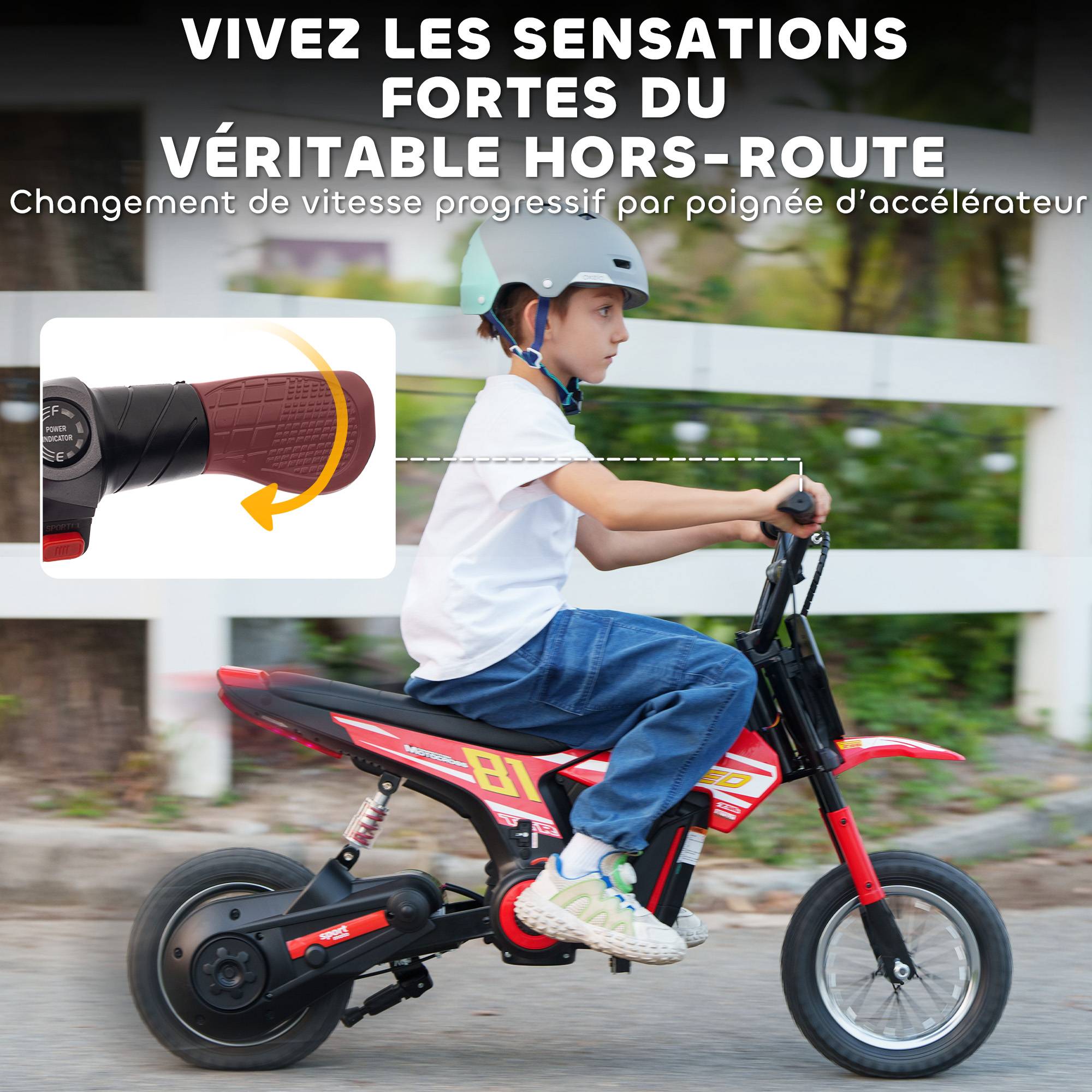 Moto électrique enfants 24V, moteur 250W, vitesse 6,4-16 km/h, pour enfants 8-12 ans, suspension arrière, rouge - Image 7