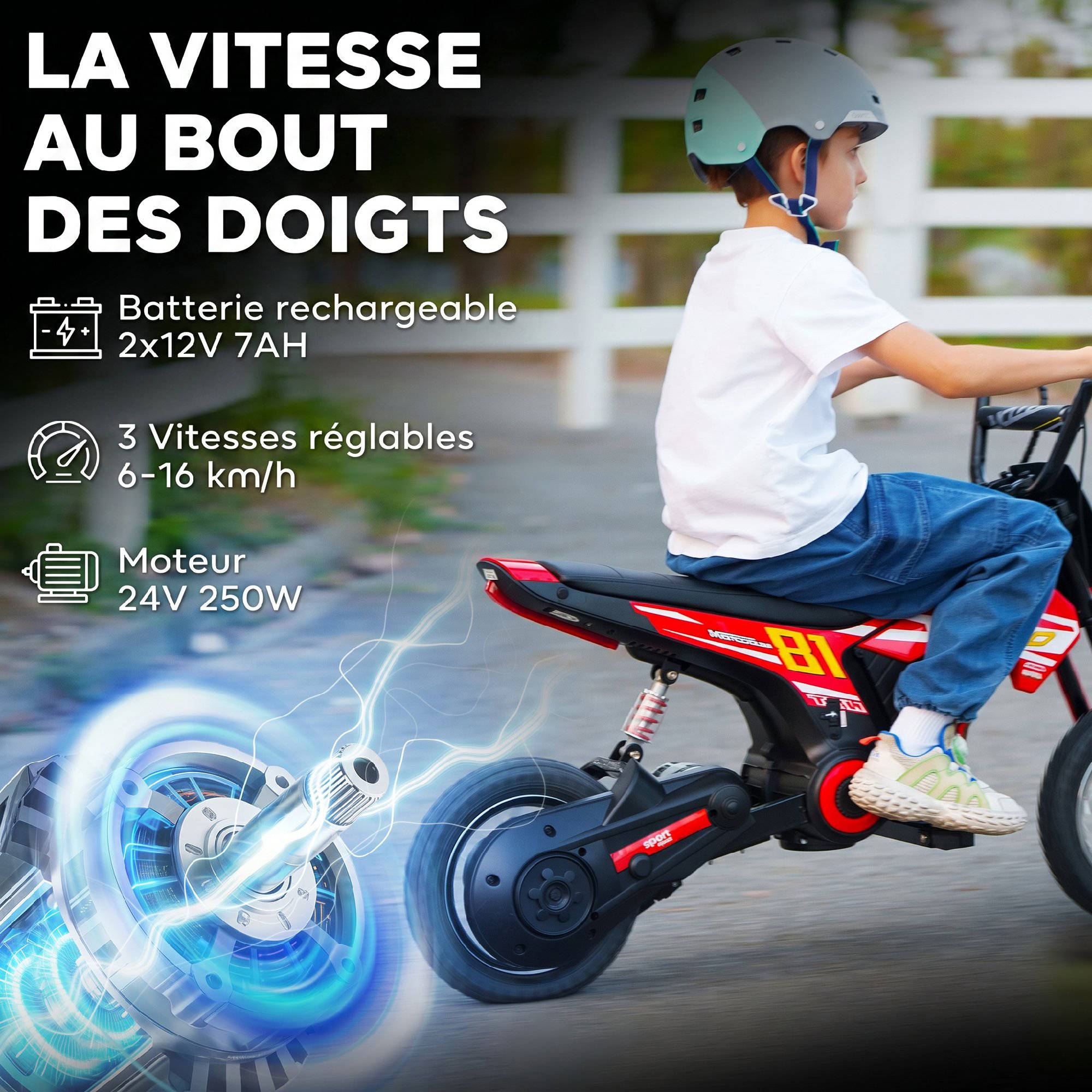 Moto électrique enfants 24V, moteur 250W, vitesse 6,4-16 km/h, pour enfants 8-12 ans, suspension arrière, rouge - Image 6