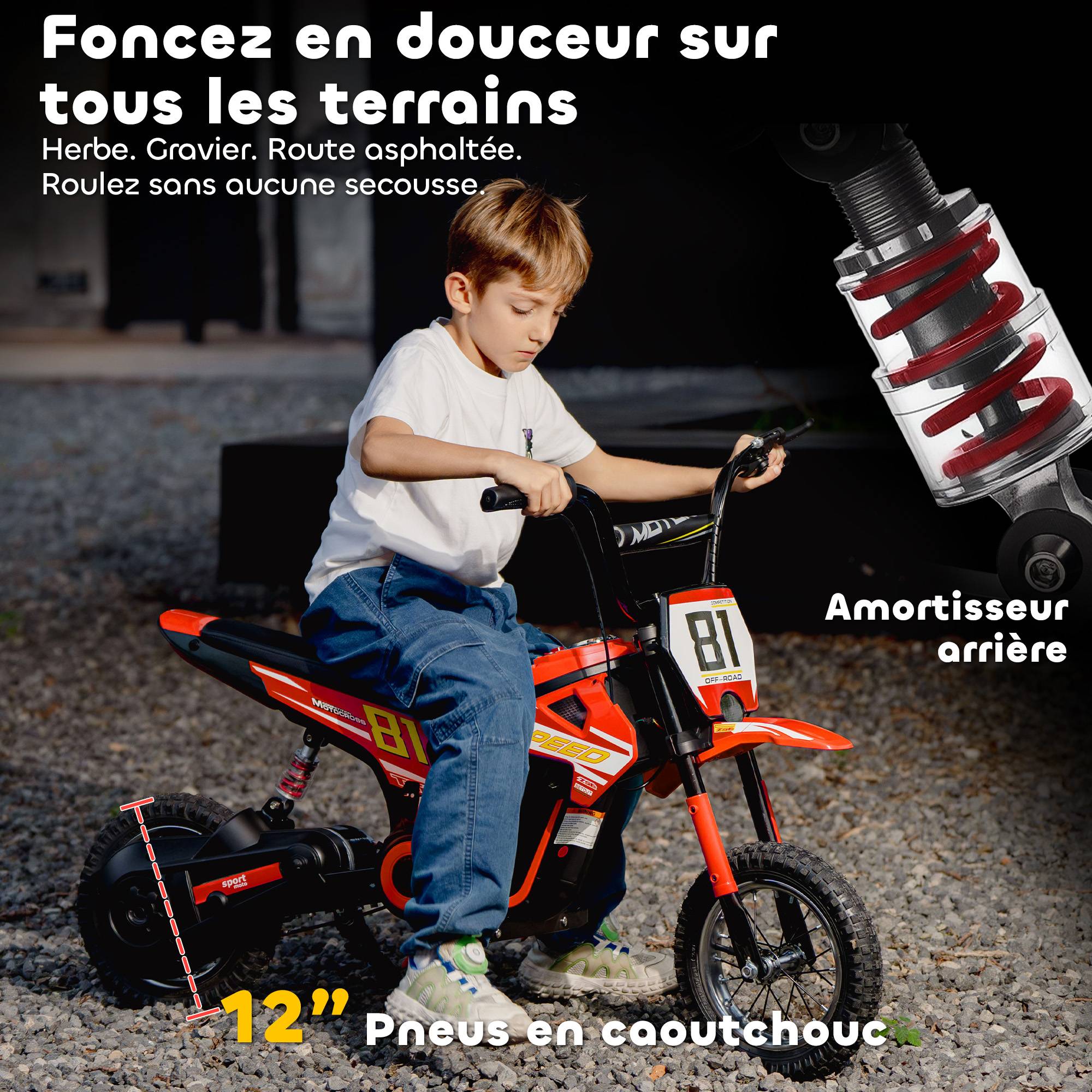 Moto électrique enfants 24V, moteur 250W, vitesse 6,4-16 km/h, pour enfants 8-12 ans, suspension arrière, rouge - Image 8