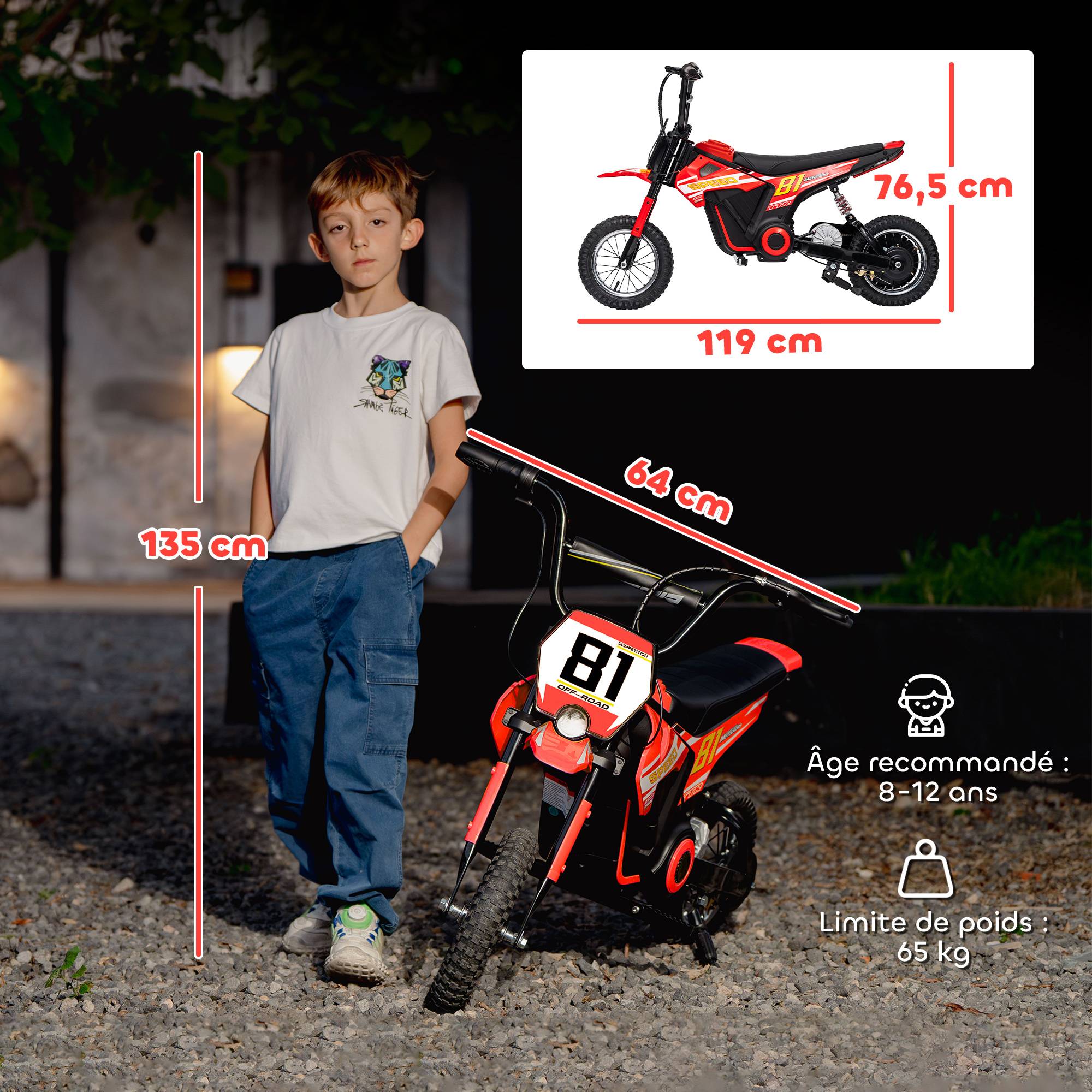 Moto électrique enfants 24V, moteur 250W, vitesse 6,4-16 km/h, pour enfants 8-12 ans, suspension arrière, rouge - Image 5