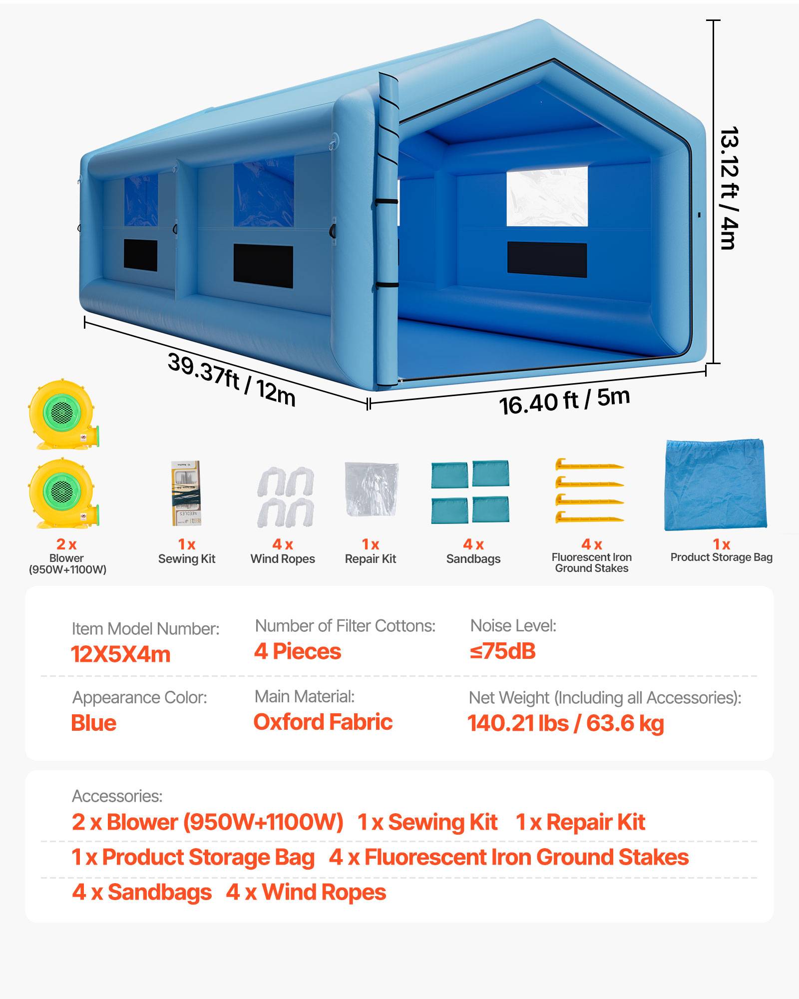 Vevor - VEVOR Cabine de peinture gonflable 12x5x4 m, ventilateur 750 W, filtration, toit incliné, portable - Image 6