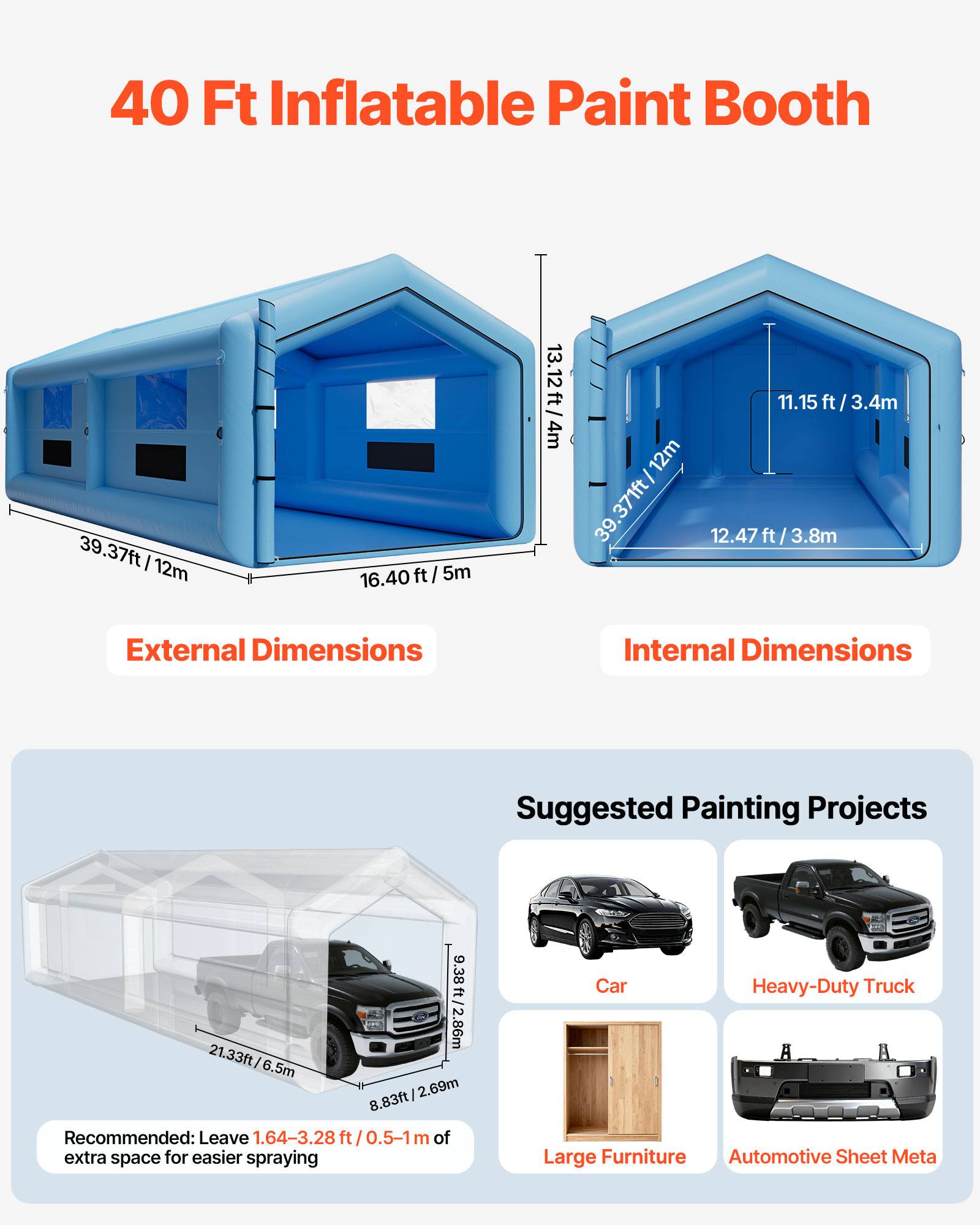Vevor - VEVOR Cabine de peinture gonflable 12x5x4 m, ventilateur 750 W, filtration, toit incliné, portable - Image 2