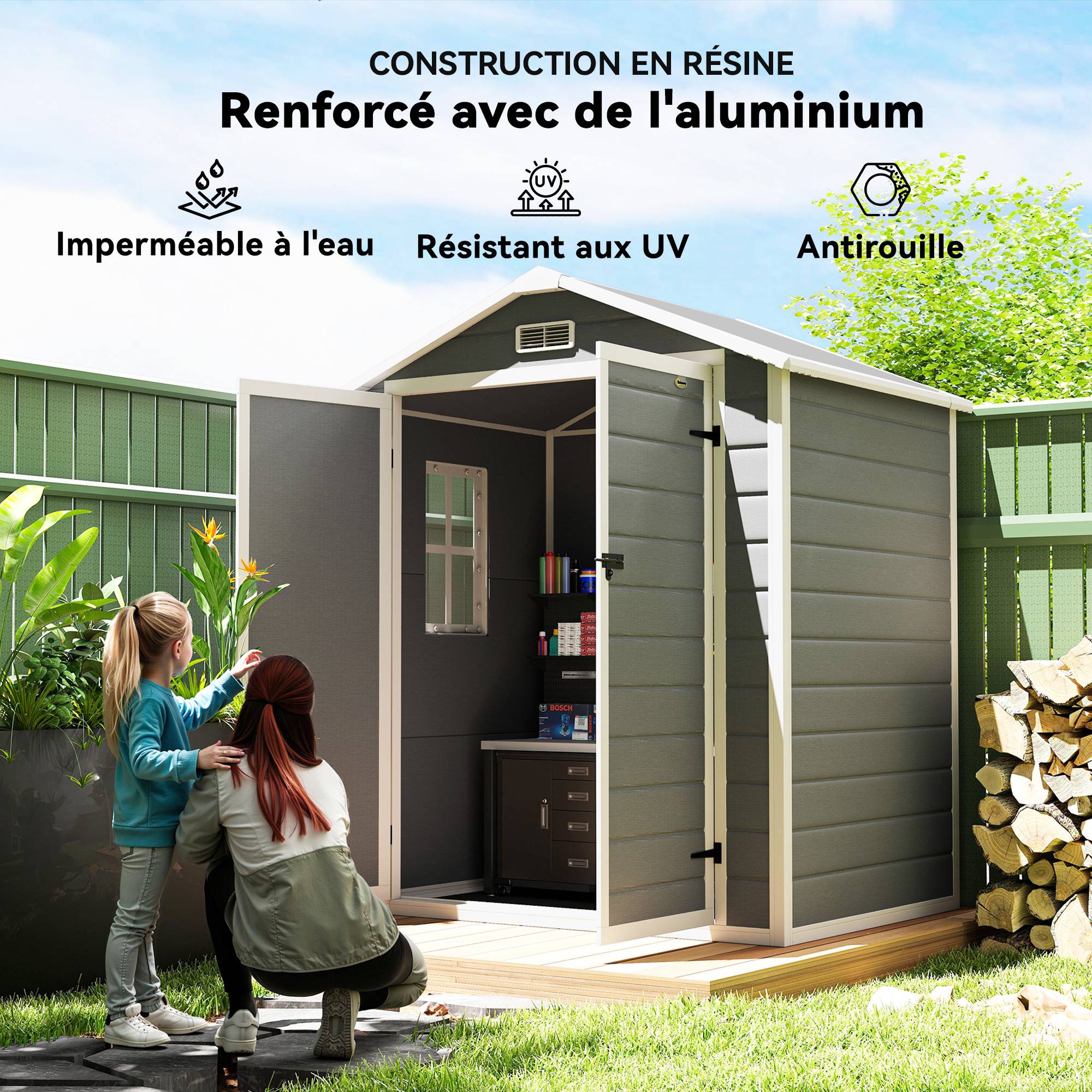 Outsunny - Abri de jardin cabanon en résine PP 2,12 m² 2 portes fenêtre aération - PP - gris - Outsunny - Image 4