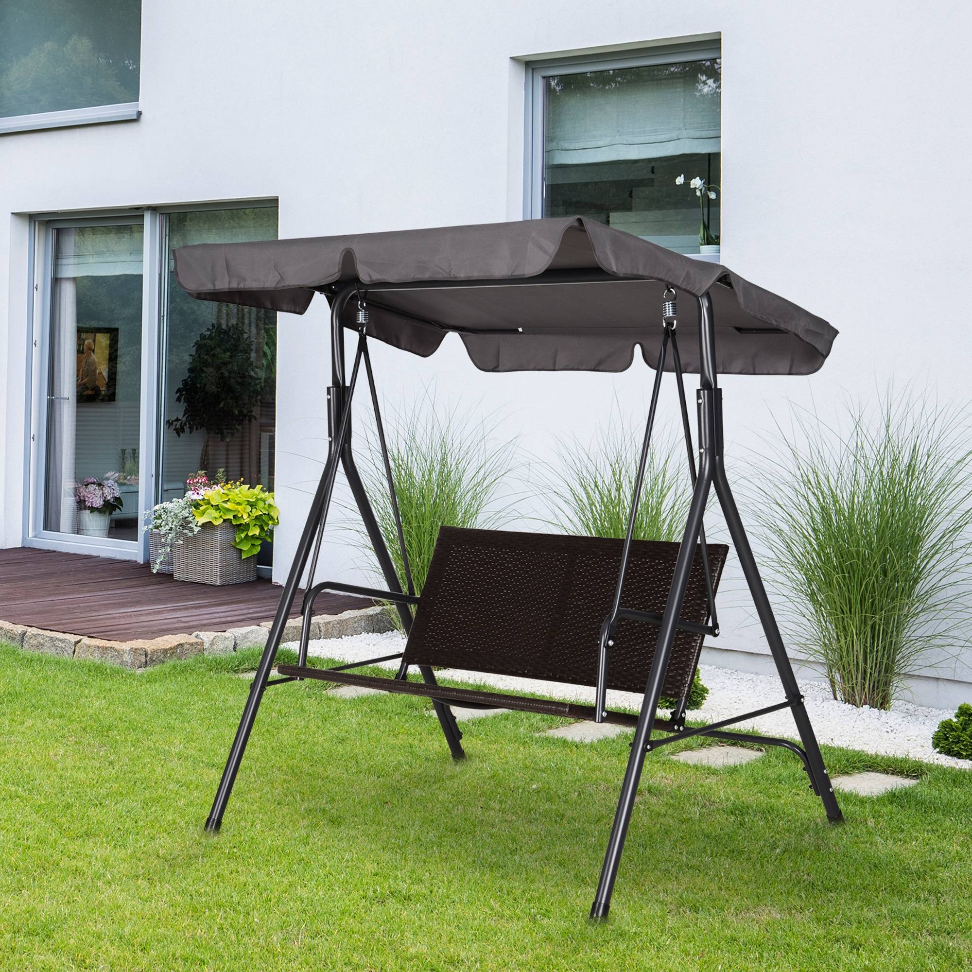 Balancelle jardin 2 places avec auvent réglable marron gris 140x110 cm - Image 3