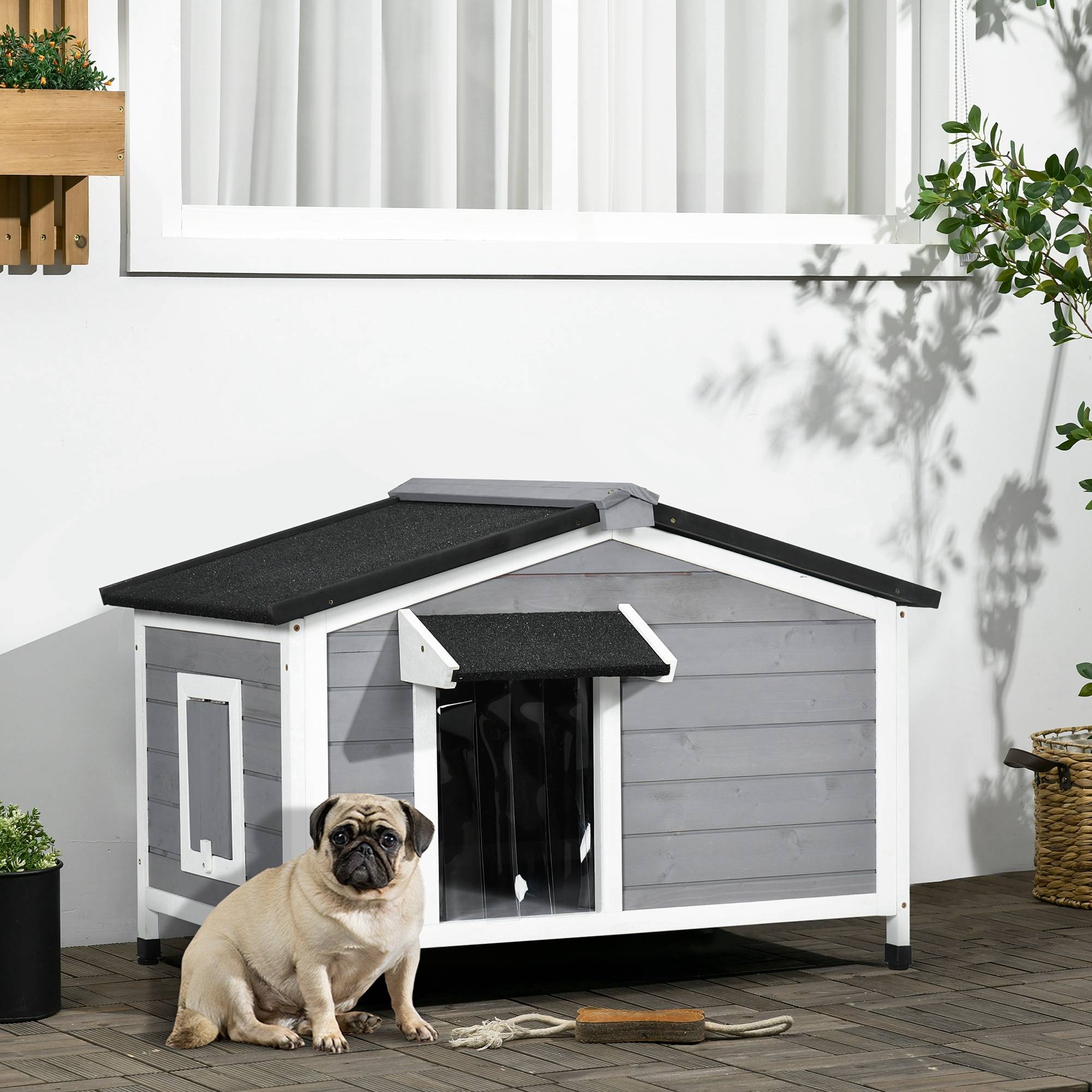 Niche bois pour animal, toit asphalte, plancher amovible, 97x72x65 cm, gris - Image 4