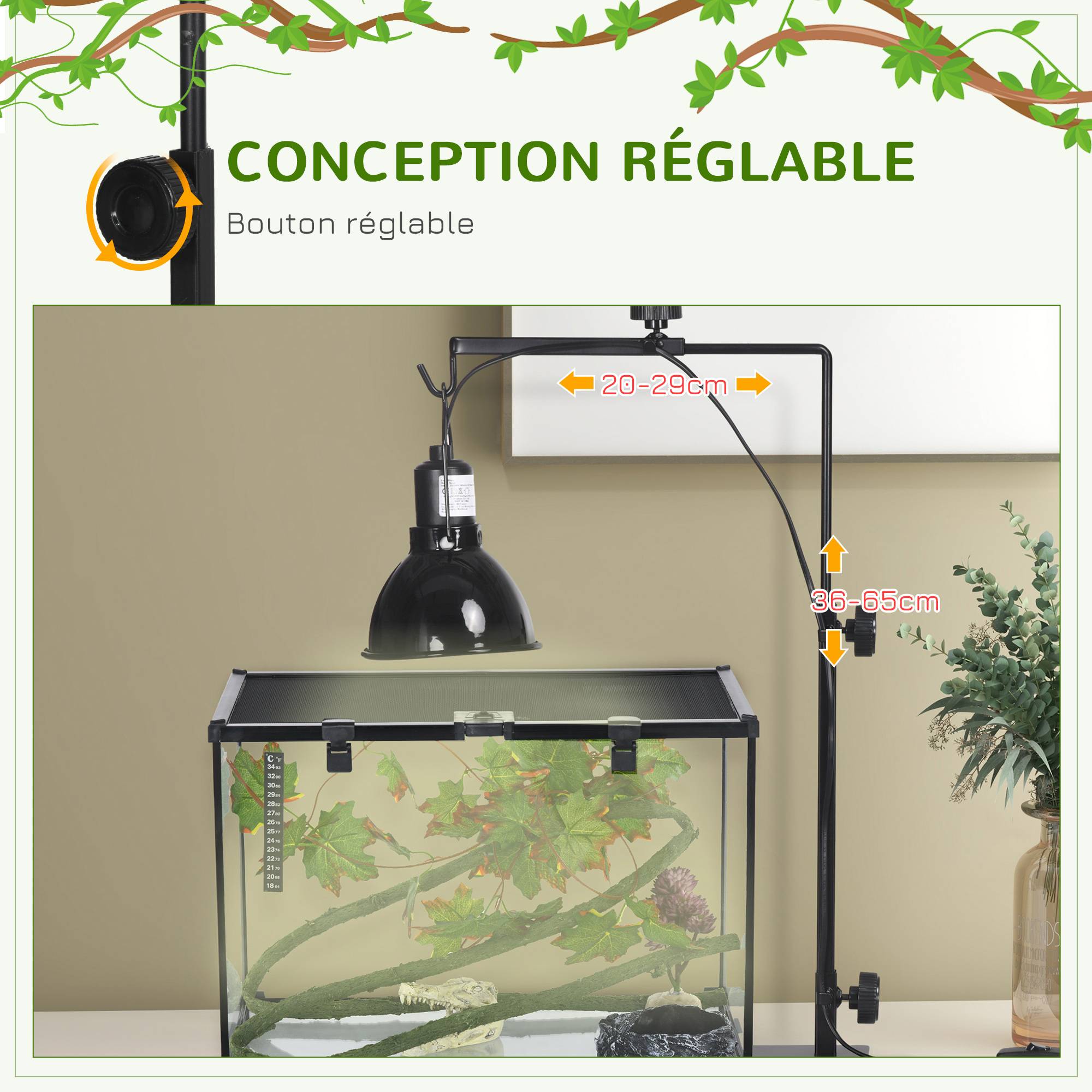 Support lampe chauffante acier pour reptiles terrarium réglable hauteur 32x9x67cm noir - ComfortXL Outdoor Living - Image 7