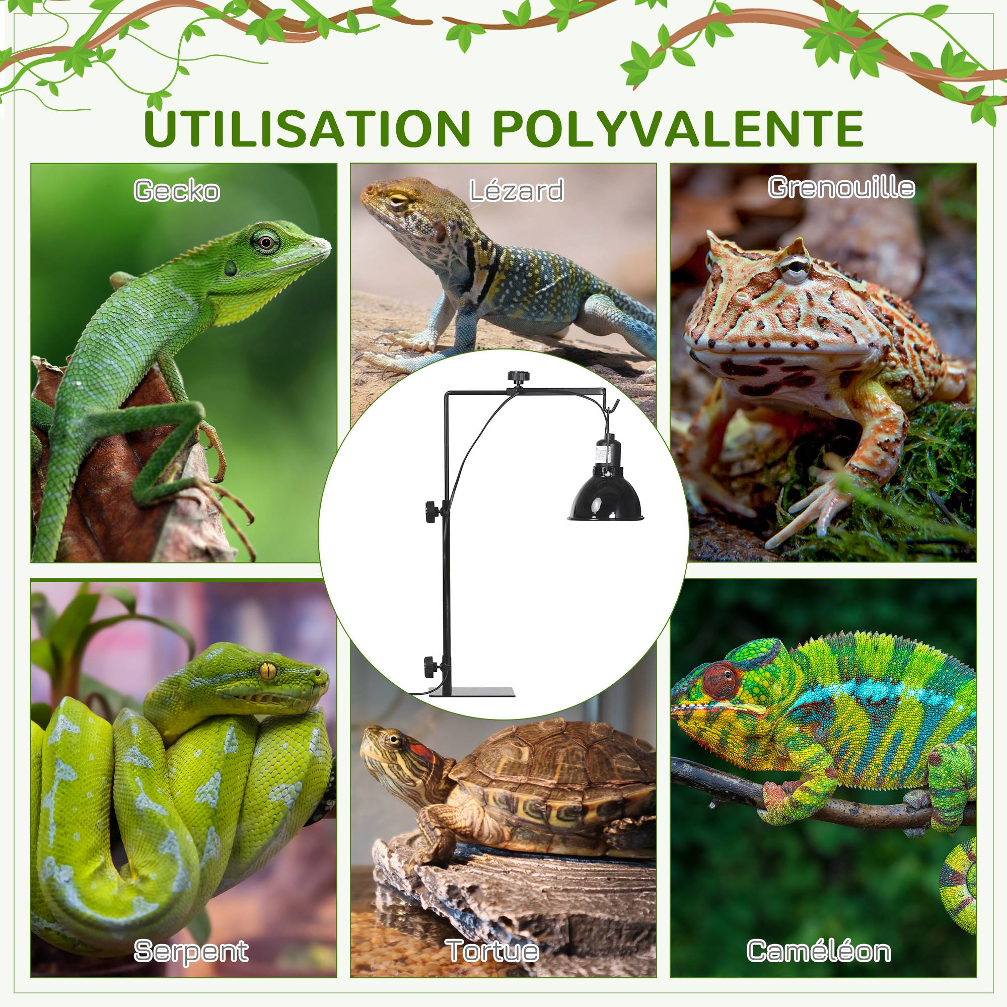 Support lampe chauffante acier pour reptiles terrarium réglable hauteur 32x9x67cm noir - ComfortXL Outdoor Living - Image 6