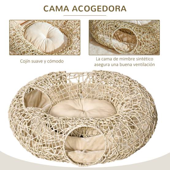 Lit Panier pour Chat 2-en-1 avec Tunnel de Jeu en Rotin PE Couchage Rond avec Coussin Doux Bois Naturel - ComfortXL Outdoor Living - Image 7