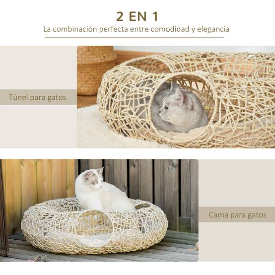 Lit Panier pour Chat 2-en-1 avec Tunnel de Jeu en Rotin PE Couchage Rond avec Coussin Doux Bois Naturel - ComfortXL Outdoor Living - Image 9
