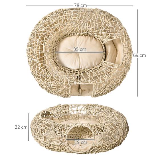 Lit Panier pour Chat 2-en-1 avec Tunnel de Jeu en Rotin PE Couchage Rond avec Coussin Doux Bois Naturel - ComfortXL Outdoor Living - Image 5