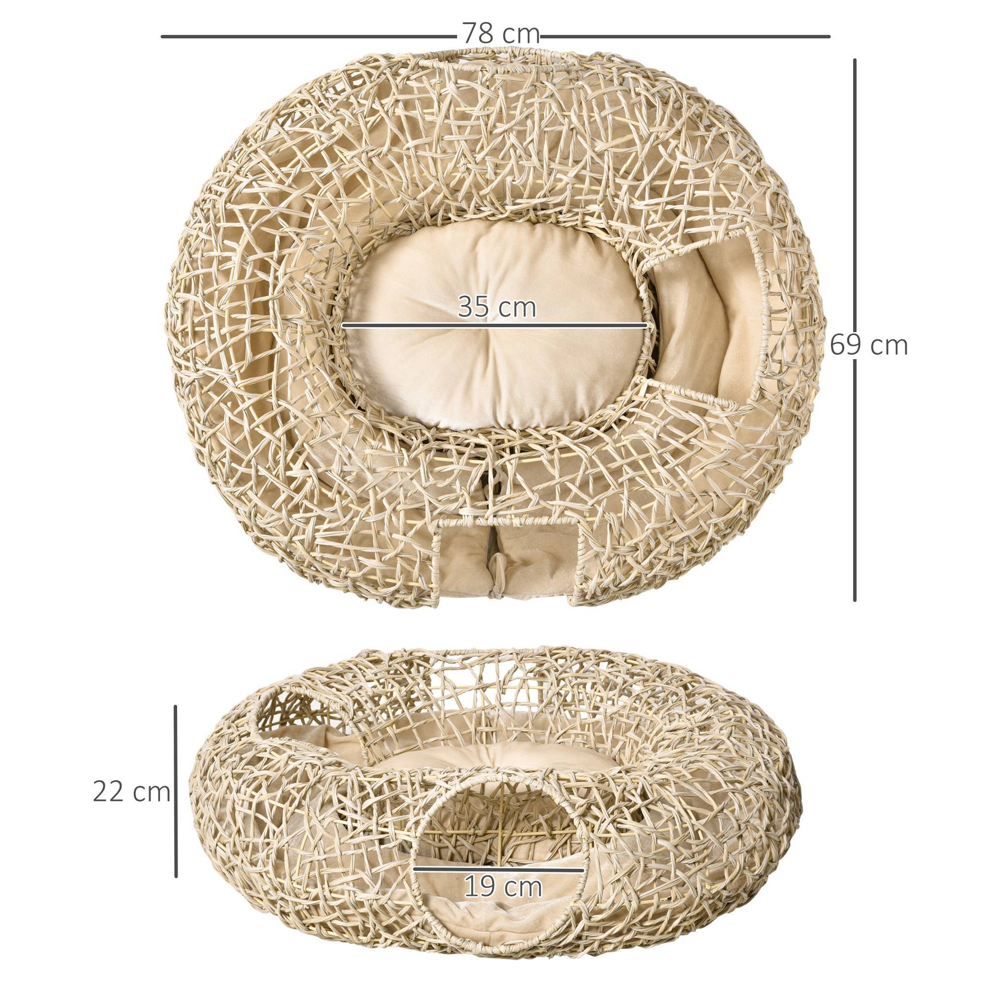 Lit Panier pour Chat 2-en-1 avec Tunnel de Jeu en Rotin PE Couchage Rond avec Coussin Doux Bois Naturel - ComfortXL Outdoor Living - Image 5
