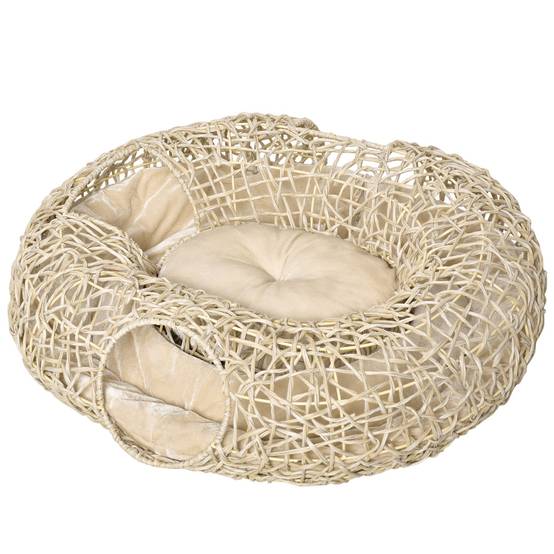 Lit Panier pour Chat 2-en-1 avec Tunnel de Jeu en Rotin PE Couchage Rond avec Coussin Doux Bois Naturel - ComfortXL Outdoor Living - Image 1