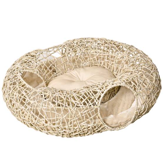 Lit Panier pour Chat 2-en-1 avec Tunnel de Jeu en Rotin PE Couchage Rond avec Coussin Doux Bois Naturel - ComfortXL Outdoor Living - Image 2